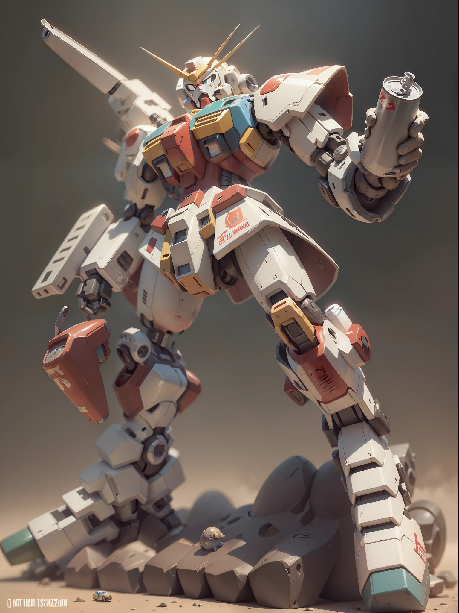 (Machinary：Genzu Gundam:1.331)，(Genzo Gundam holds a can of Coca-Cola in his hand)，Yuanzu RX78 and canned Coke，The mech is rich in detail，(White background)，（Canned Coca-Cola），Cute style，Little，big headed，(Hot Wheels:1.331)，a 3D render，((Q version))，Pokémon style，Machine style，Cinematic texture，Figures，Pokémon，电影灯光，Heavy robotic arm，Mechanical belly，mechanical leg，mechanical leg，Mechanical feel，The background surrounds lightning，salama，mizore，Clean white background，Ray traching，Premium color，Bust 3D model，Action，Stylish blind box toy。(fill body:1.2)，tchibi