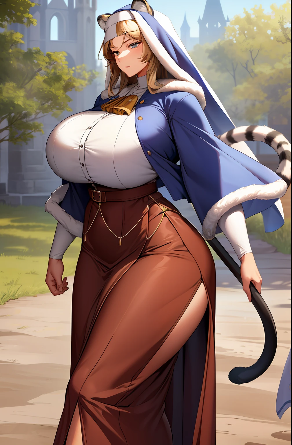 muscular girl， huge boob， Tall woman， Curved， Manteau， lewd nun， high priestess， vests， trouser， a skirt， modest， Manteau， walk， long  skirt， long  skirt， Victorian costumes， fur garment， The shirt， Tiger Ears， long  skirt， 1girll， 1 character， Forest Village， medieval times， Europeans， Personal focus，a mature female，Beautiful Finger，Beautiful long legs，beaturiful body，beautiful nose，Beautiful character design，perfect  eyes，s the perfect face，