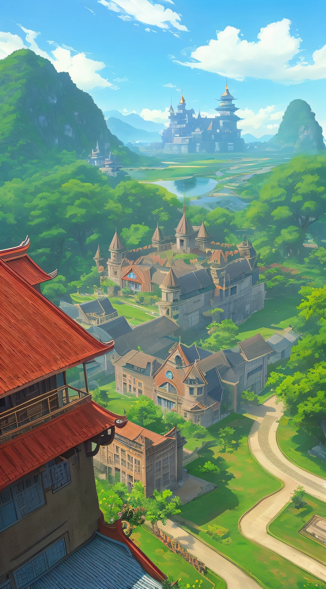 Huge old Vietnamese apartment building next to Hal Mobile Castle Ghibli, author:hiyao miyazaki, Nausicaa Ghibli, Breath of The Wild, Epic composition