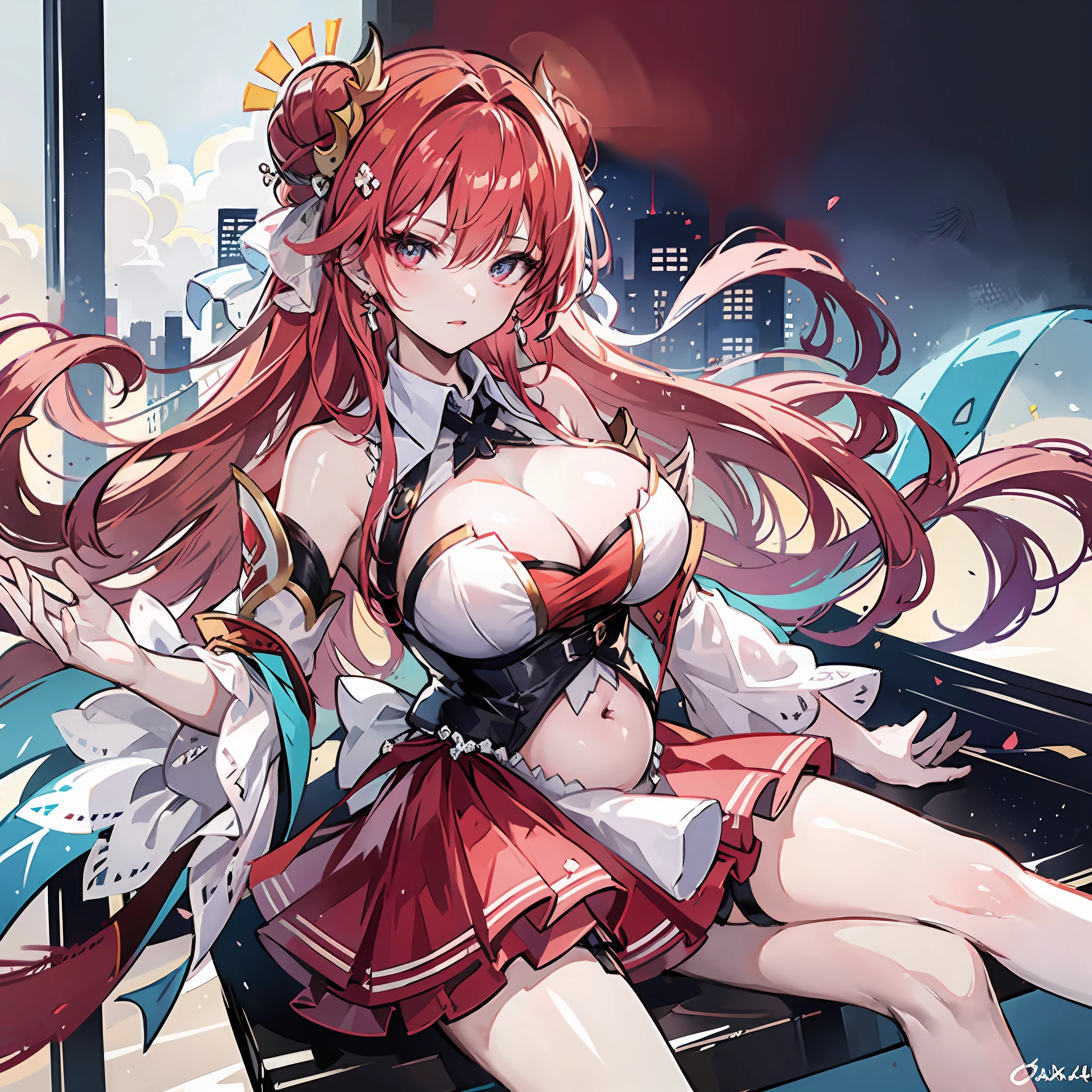 tmasterpiece, Best quality, (Detailed eyes and skin), ((Realistic)), , 1girll, Redhead_Hair, red colour_clothes, black_clothes, Blue_Eyes, Blue_sky, bblurry, bblurry_Background, bblurry_foreground, (modern_City:1.5), mediating_???????, Exercise_bblurry,photore_\（curly\），long whitr hair，Skysky，独奏，Full body body，Pregnant belly，Beth，Showing the belly，youthfulenergy，18-year-old girl，adolable，Two-dimensional painting style，Pregnant women with，Best quality, 8K, High quality,, hair adornments, cone hair bun, Long hair, double bun hair, bangs, bow,  maid headdress, upper legs, Stockings, white thighhighs, cleavage cutout, Face focus, Close up, (Heart-shaped pupils:0.9), (Blush:0.65), (1girll, Solo:1.4), Cityscape, Blue sky, Bright sky, Sunny, holding flower, ?????????????, Detailed background, Detailed clouds,Pregnant belly，Two-dimensional painting style，(Masterpiece), Best quality, Fine details, Highest picture quality, Masterpiece,exquisite CG,1girll,Closed mouth,Brown eyes,Long hair,bangs,???? shoulders, cleavage,(???????????:1.4),???? arms,navel,Lace,a garter belt,Thighs,Loli,White pantyhose,water,hyper pregnant,Girl,SushangV4,Yae,SideBraid,