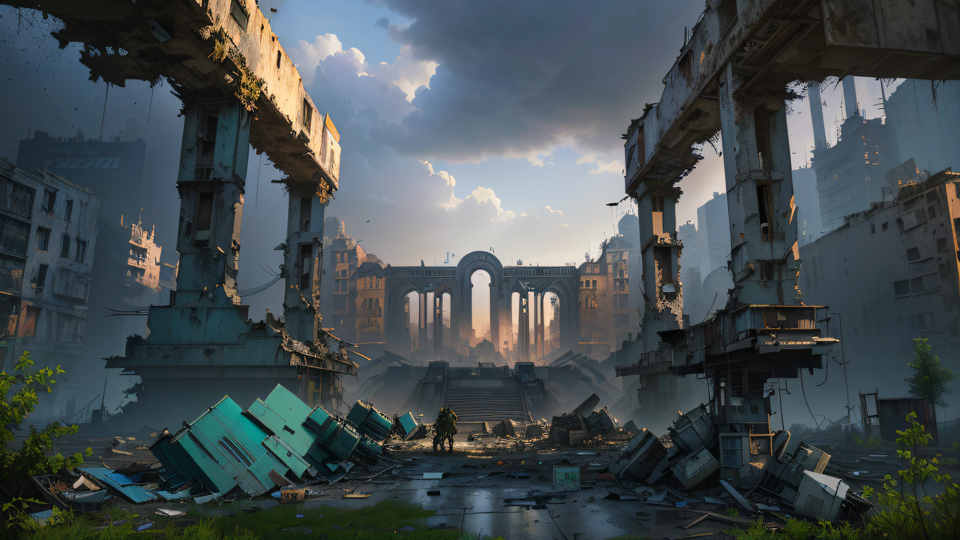 There are plenty of stairs,An abandoned square that smells of wasteland, Doomsday European and American City Square,In the center of the square is a huge statue,The building is dilapidated,Doomsday wasteland style,inspired by Ismail Inceoglu, Ismail Inceoglu, dramatic concept art, concept-art , highly rendered, concept art for a video game, game art matte painting, highly realistic concept art, author:Ismail Inceoglu, concept world art, author:Luis Miranda