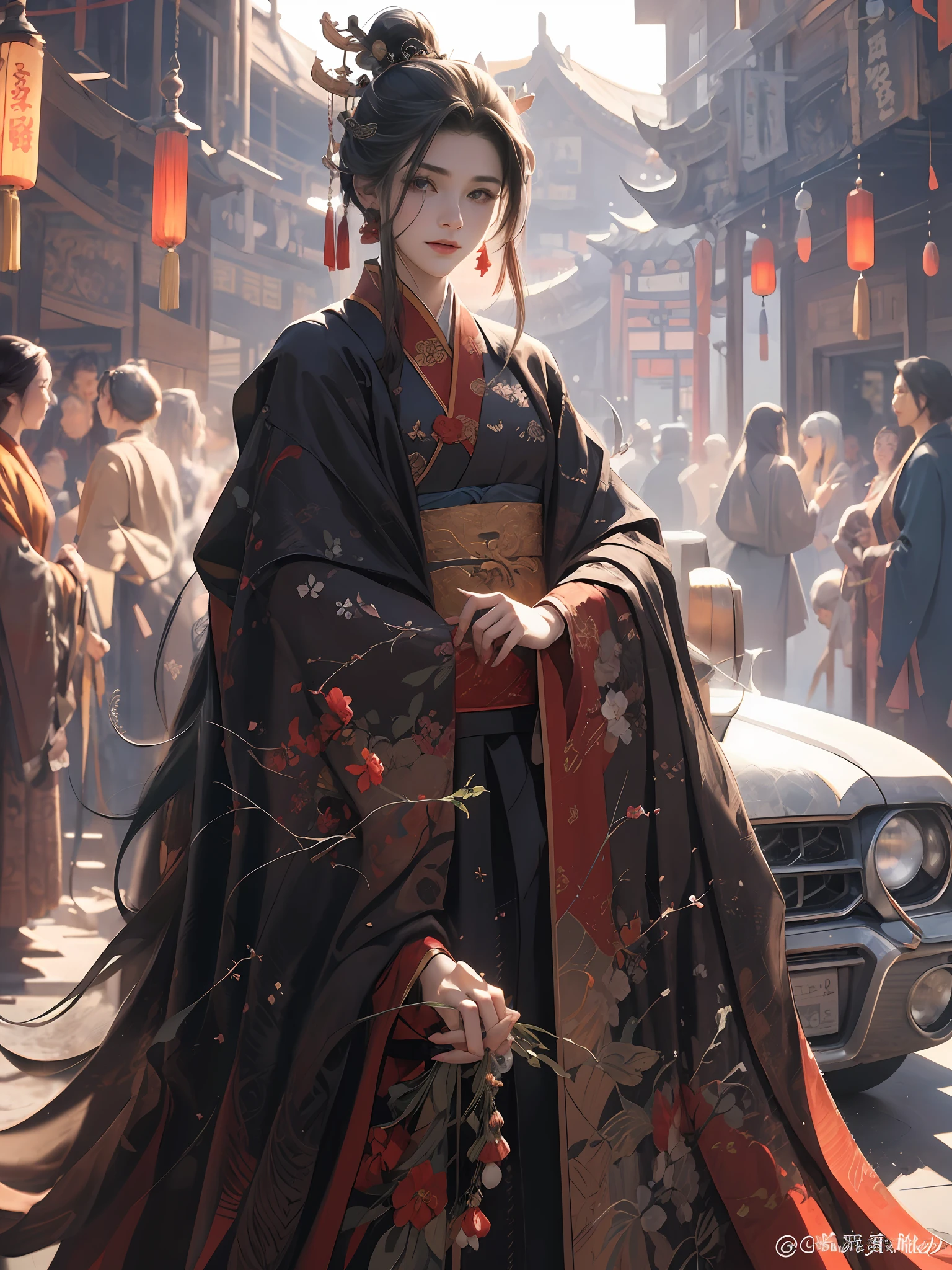 8K,best qualtiy,tmasterpiece,A close-up of a woman,Warlock,Stand up,Full body photo,Frontal photo,Elaborate Eyes,Danfeng Eyes,cabelos preto e longos,Ancient Chinese hairstyle,Complex hairstyles,Hairpins,Zhu Zhao,red headgear,Hazy,red color Hanfu,Alchemist costume,Magnificent scene,Epic scenes