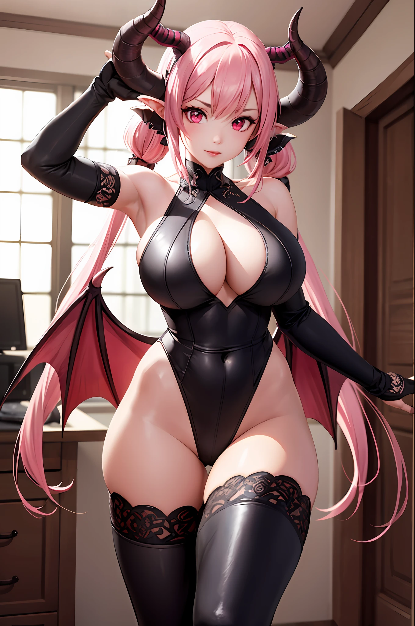 best quality,game cg,1girl, masterpiece, best quality, 8k, detailed skin texture, detailed cloth texture, beautiful detailed face, intricate details, ultra detailed, audrey hepburn, straight pink hair, (Half body:1.2), pink hair, pink eyes, detailed pink eyes, horns, demon horns, succubus outfit, long hair, twin tails, evil, huge breasts, succubus tail