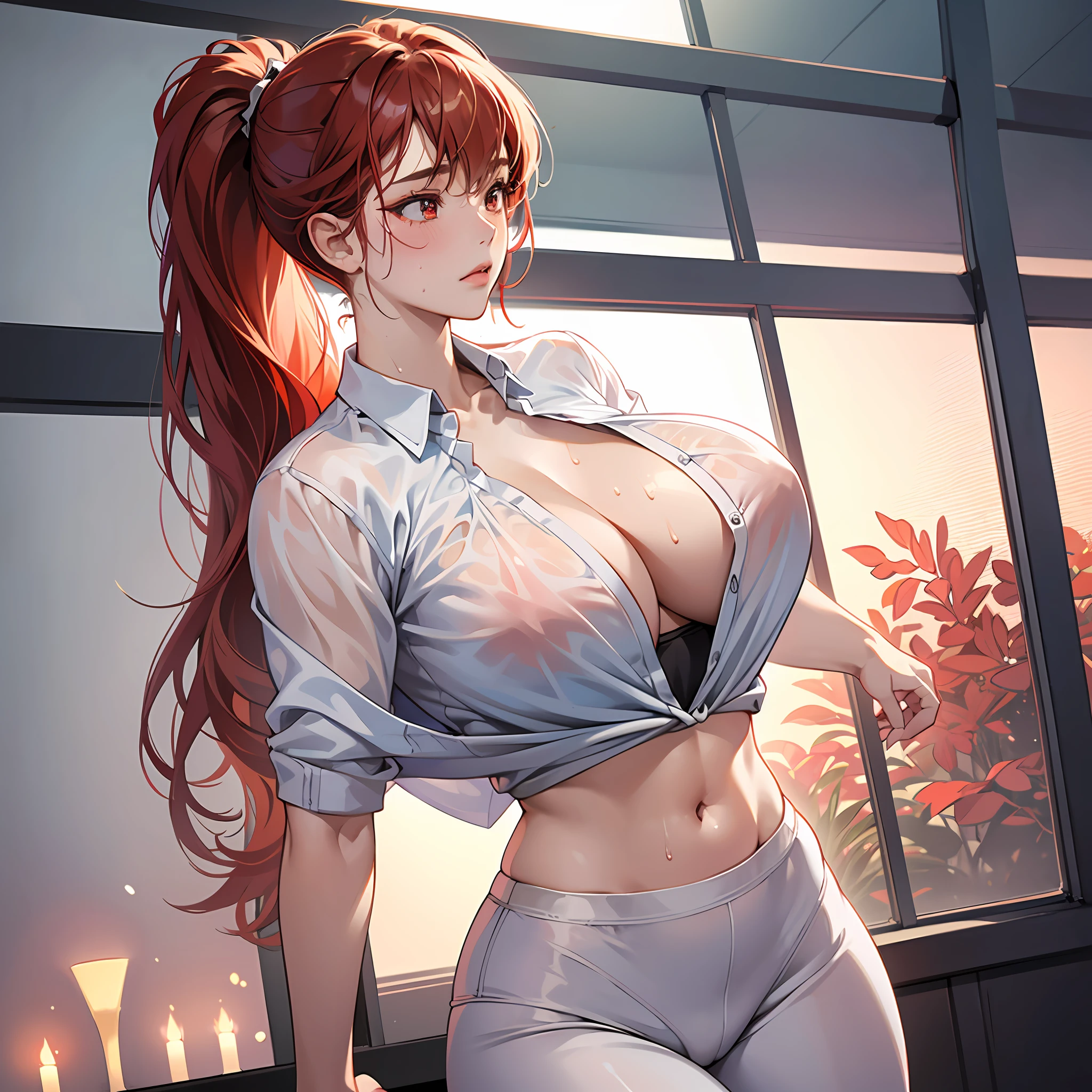 Masterpiece:1.2, Best quality), Realistic, (Real picture, Intricate details, Depth of field), (1girll, Solo), make up, parted lip, highly detailed, Perfect face, (Huge breasts:1.4), (skin indentation), Thick thighs, Wide hips, Small waist, Tall, glossy coral lips, red hair, Red eyes, pony tails, (A girl playing volleyball, white volleyball suit), (full of sweat:1.2), (Wet), Sexy, Blushing, (gigantic cleavage breasts:3.0),(see-through shirts:1.2),(open shirts) --auto