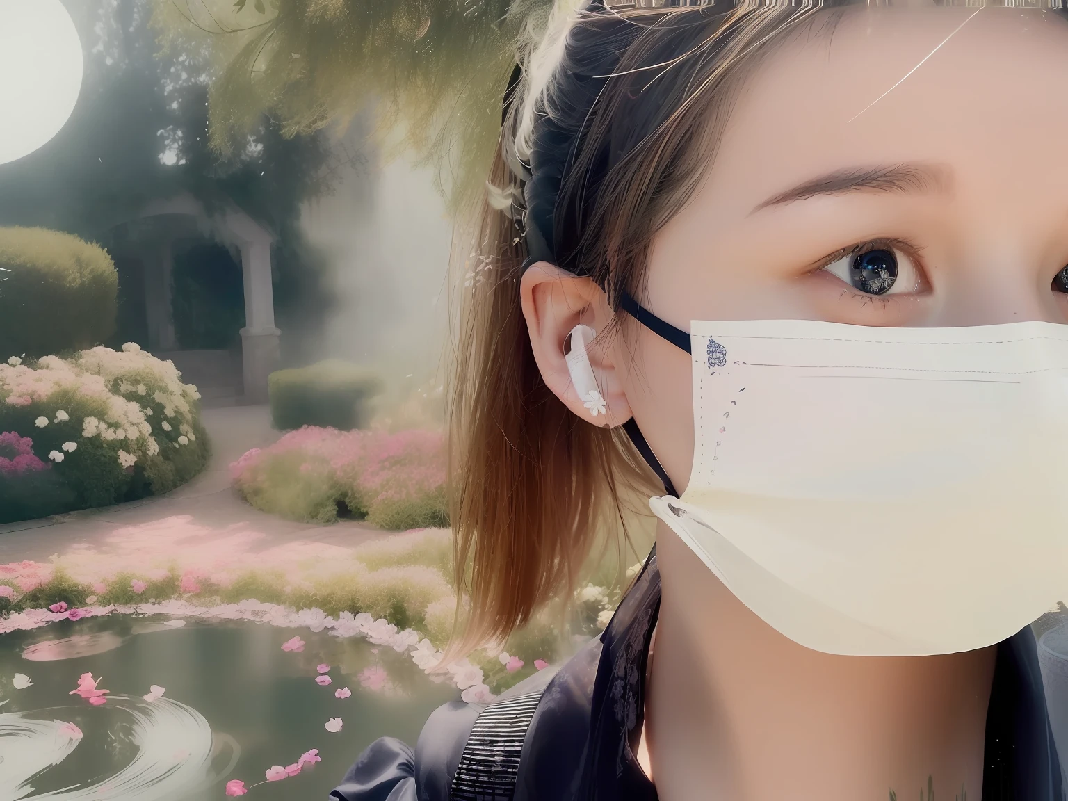 (width: 1080,height: 1080, foggy atmosphere,Beautiful garden,(1girl)The long white dress faded out,Ink painting-like effect,Flowers of many colors sway in the wind,The colors are brilliant and colorful,Swirling flying streamers,The water ripples with moonlight)