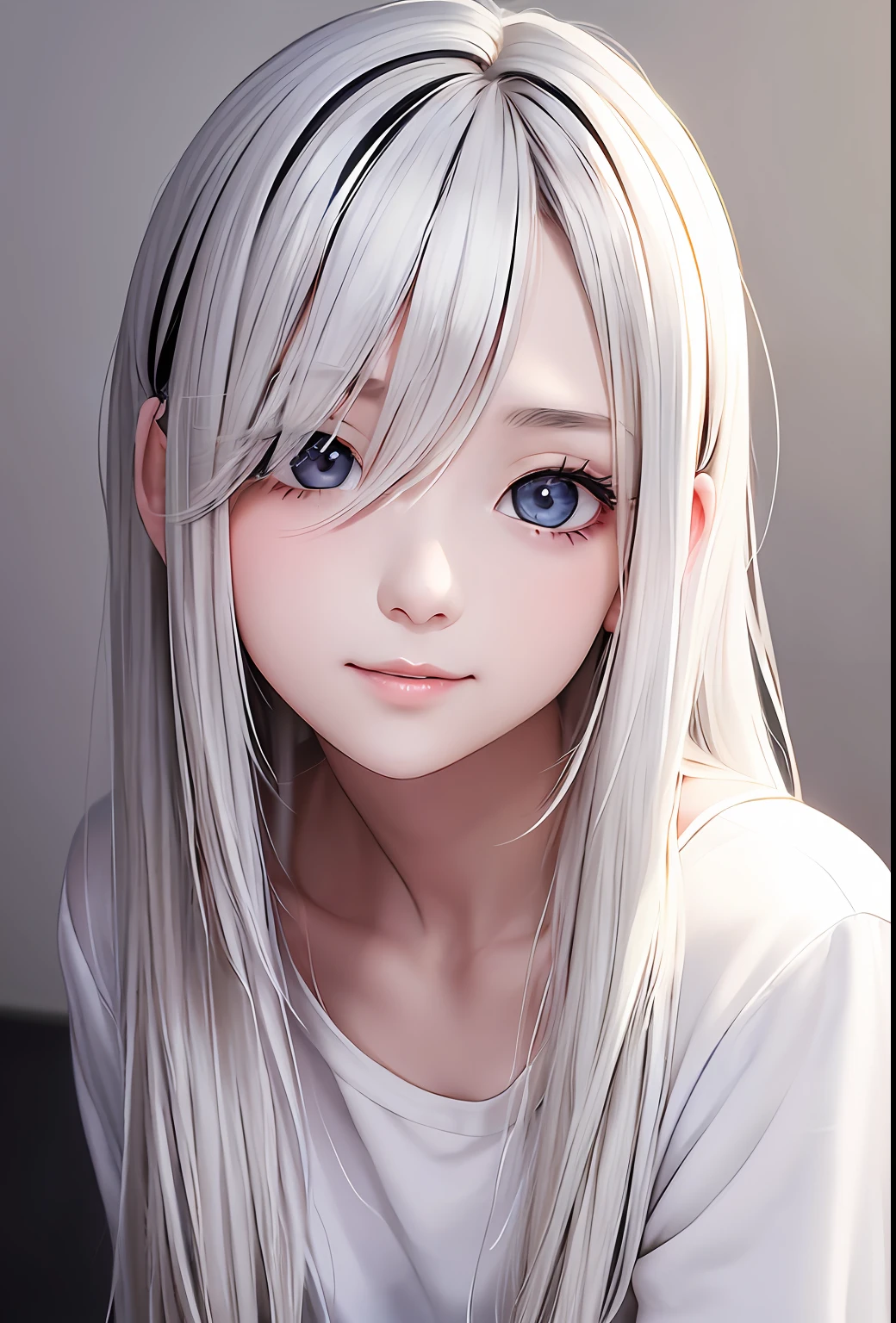 ​masterpiece、1girl、独奏、Highlights in the eyes、a smile、White T-shirt、Black and white two-tone hair、The tips of the hair are white、Disheveled hair、White background、A sexy、8K、Slimed、Beautiful skin