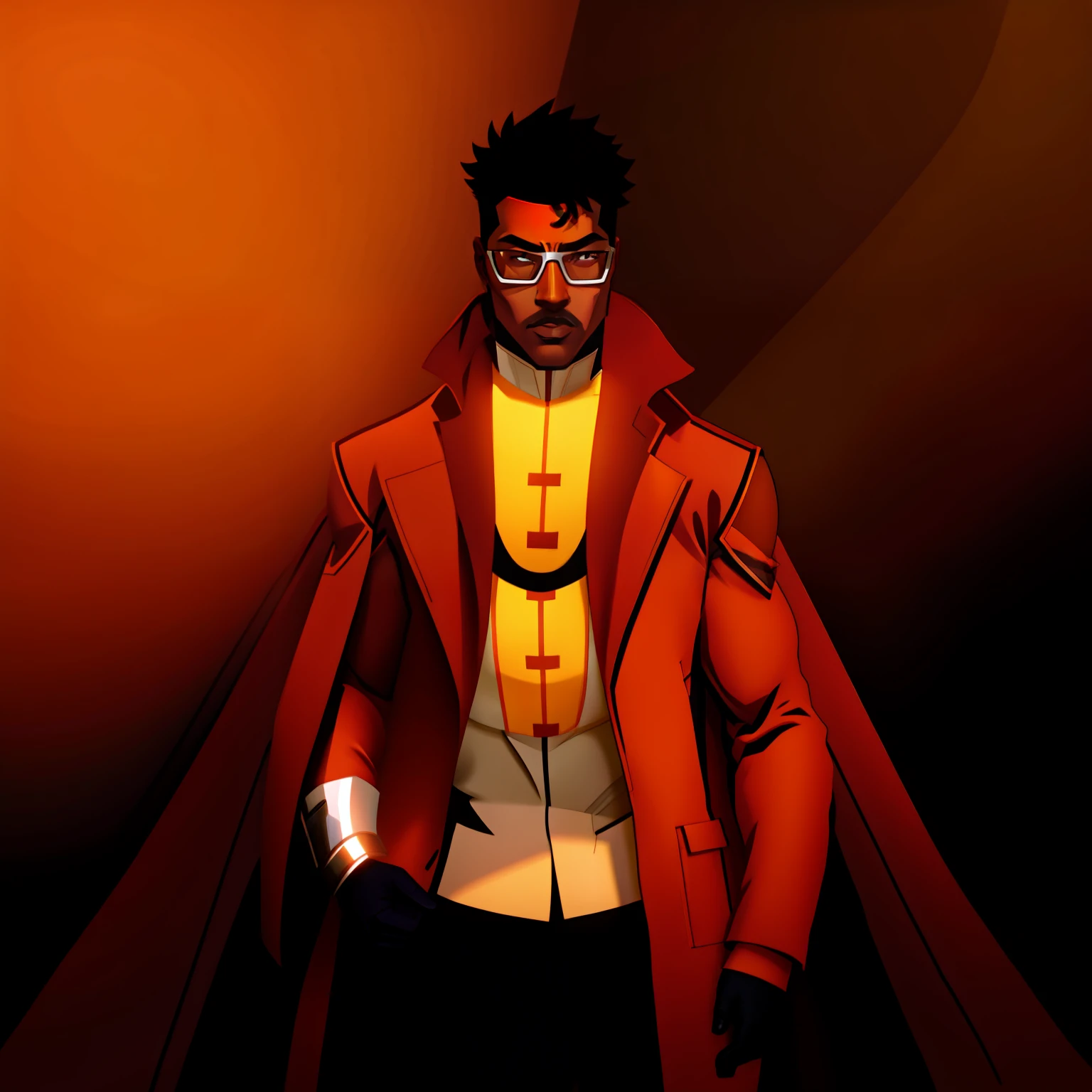 Black superhero wearing an orange visor glasses