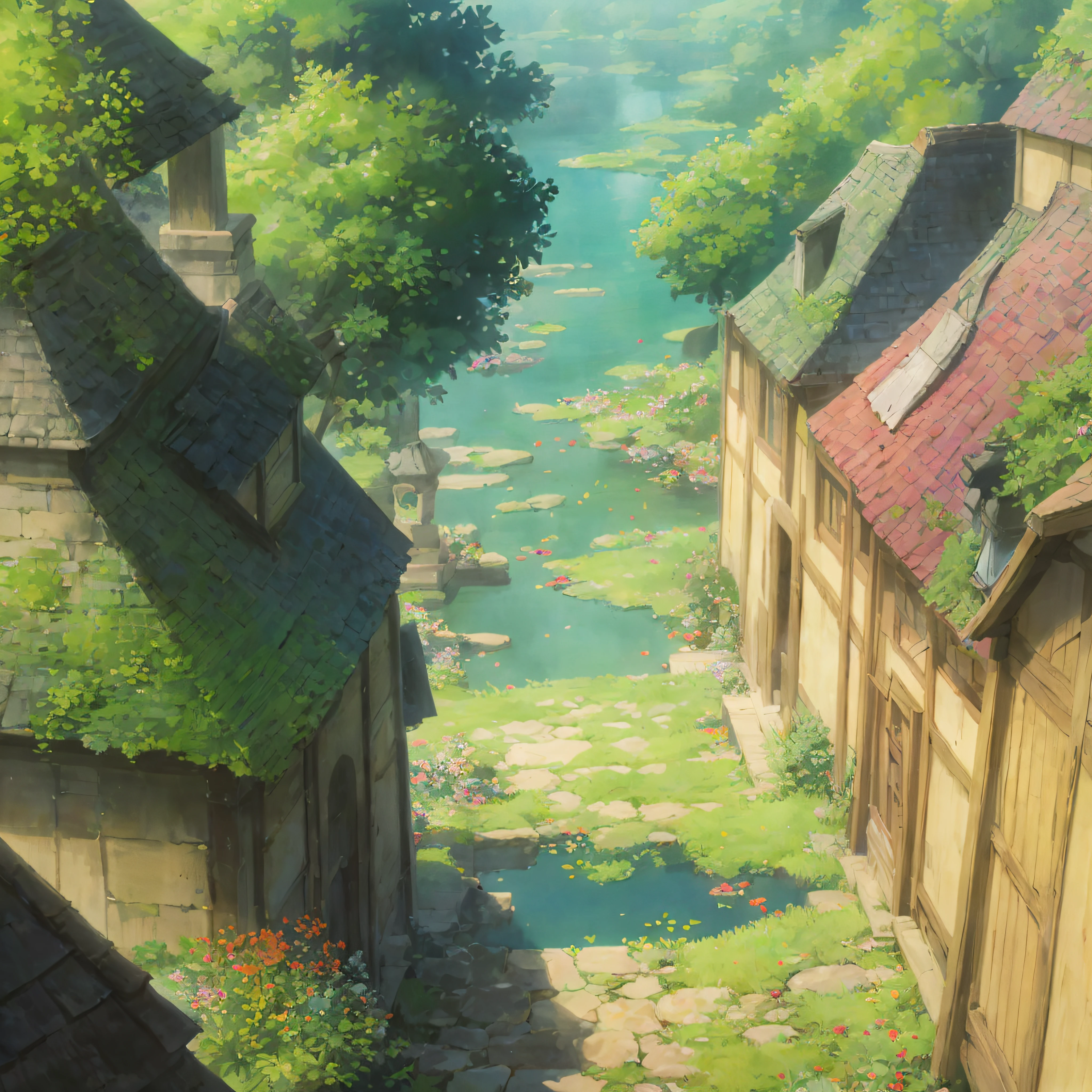 animesque、landscapes、Studio Ghibli、Ghibli、Scenery、Style、Art styles、Stone structure、Overhead view
