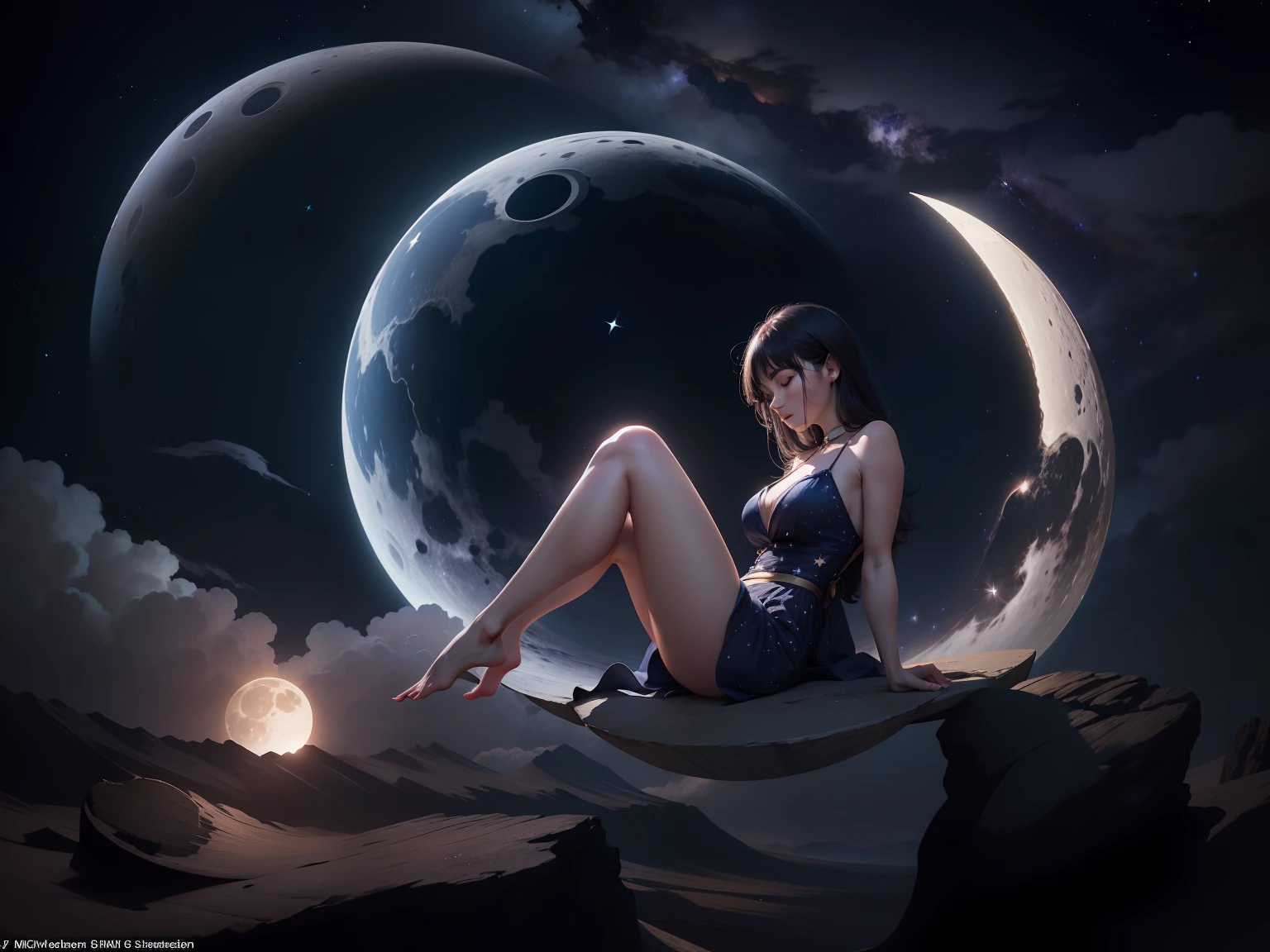 woman straddling a quarter moon, stars in a beautiful night sky, the image is to be generated with a high-resolution 16k, using a virtual 85mm lens, with a focus on sharpness and depth-of-field --auto