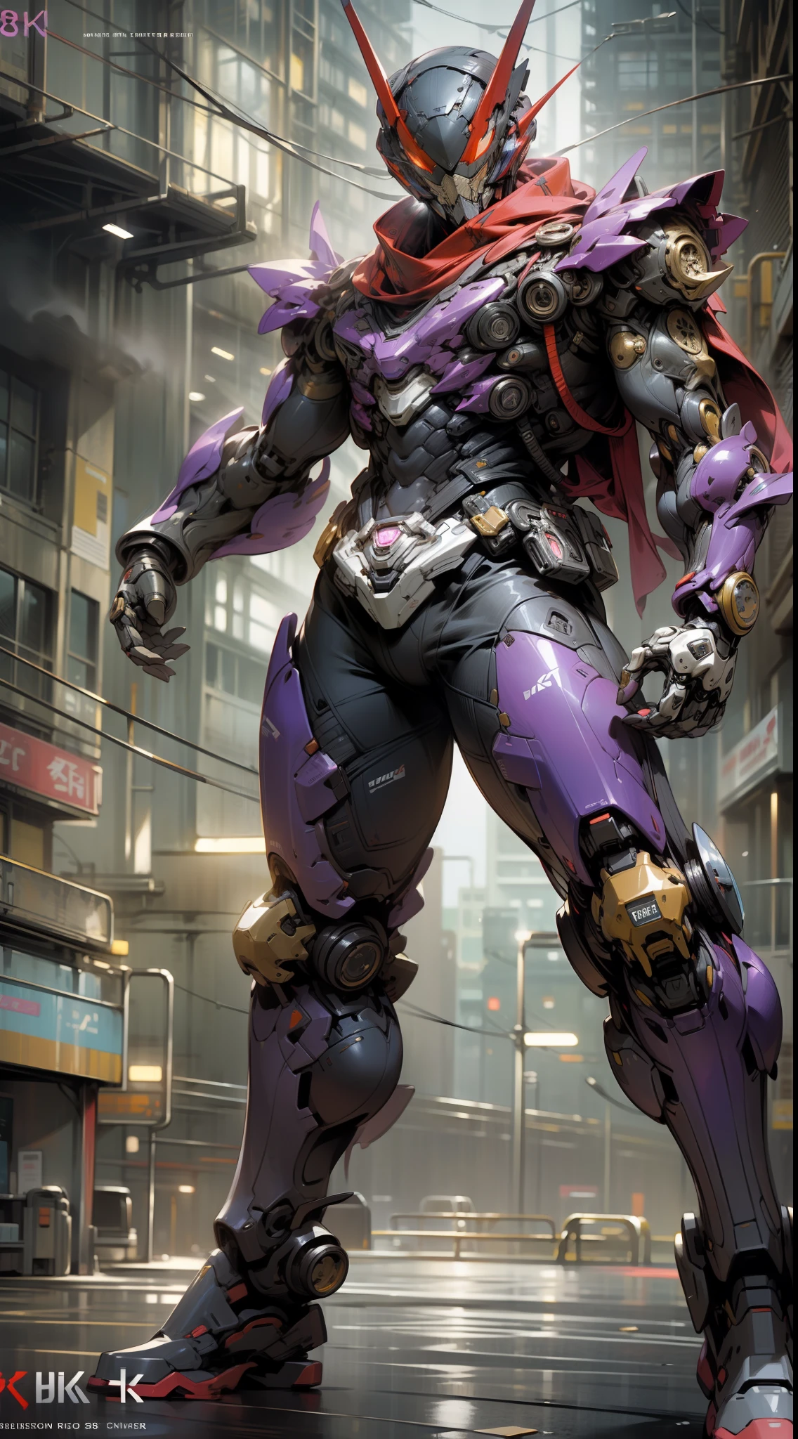 (((Masterpiece))),(((Best quality))),(((Amazing detail))),((illustration)),((8K wallpaper)),Kamen Rider,Combat posture,Red eyes,Eyes glow,Cyberpunk,Purple skin,Manga,Red floating scarf,Splash Art,Realistic,urban backdrop,Mechanical horns