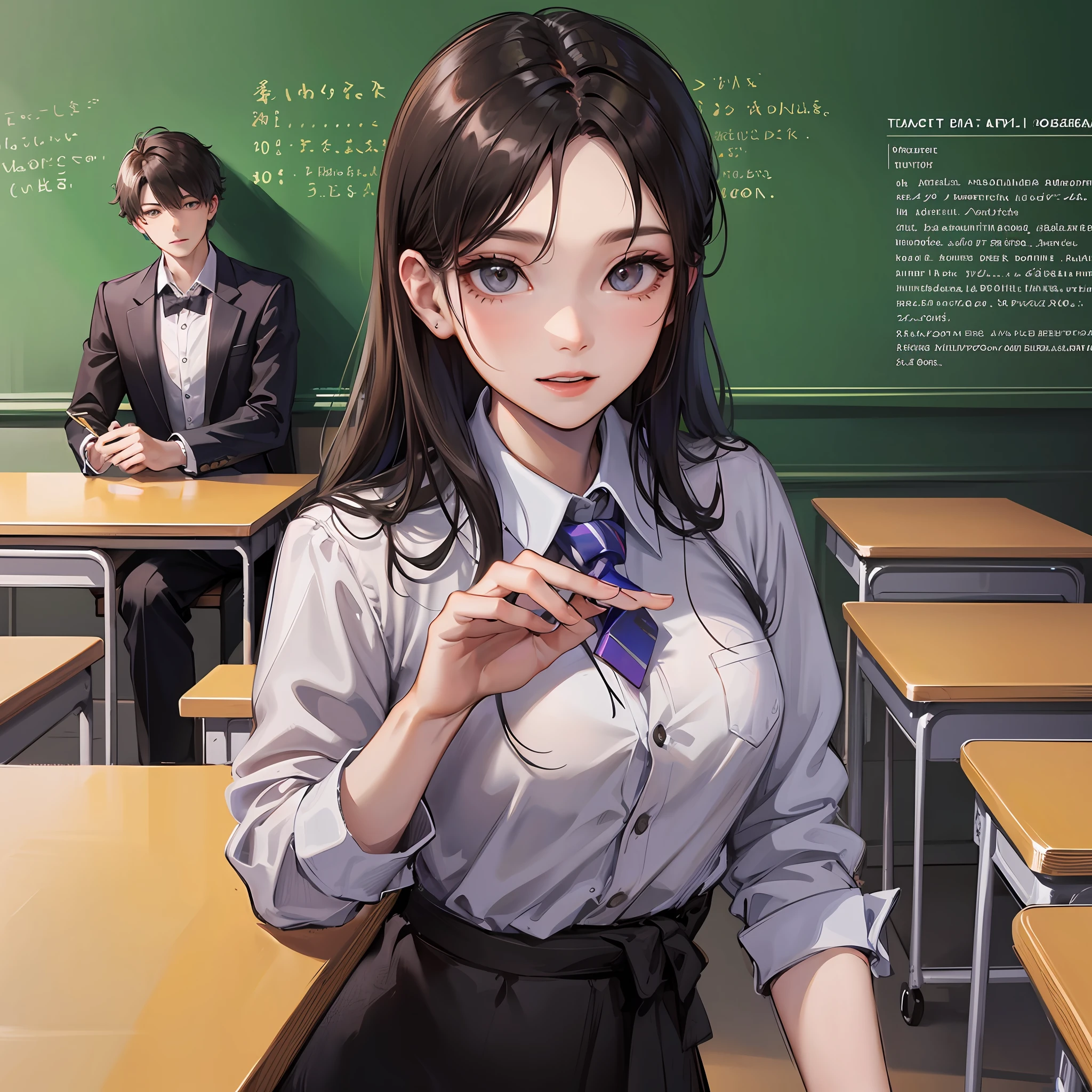 Young male teacher, Dress neatly, Professional clothing, Well organized impression, youthfulenergy, Smooth skin, Bright eyes, Gentle and confident expression, Straight waist, Tall and confident, An air of tenacity and determination, Determined gaze, ssmile, Passion and dedication,Chalk in your hand,blackboards,A group of students sit under the classroom podium,tmasterpiece,Best quality at best,4K,8K,high qulity,A high resolution