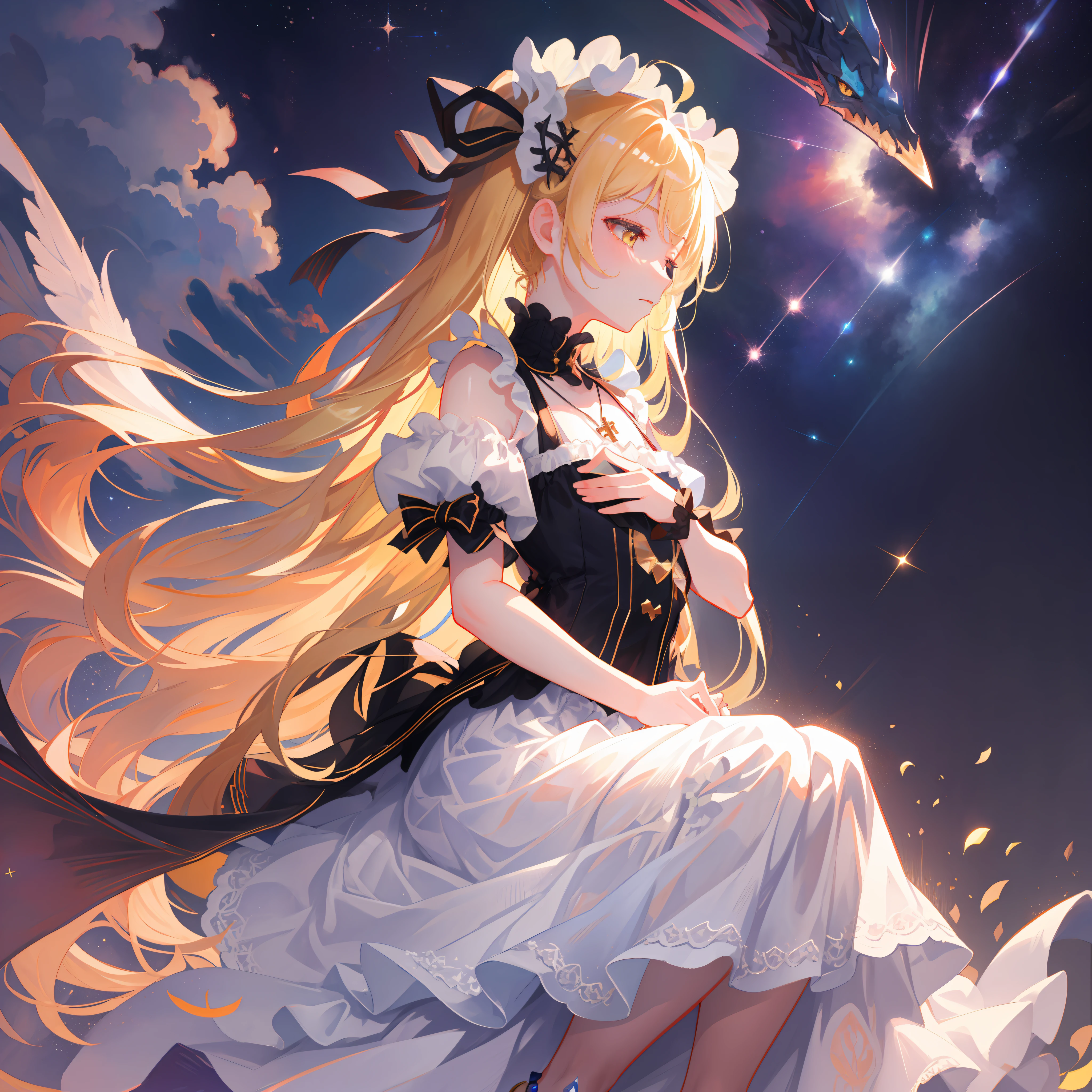 profile,full body,Perspective,Starry sky,clusters of stars,Starry sky,glistening stars,,chies,Extremely detailed Cg Unity 8K wallpaper,Detailed manga illustrations,A high resolution,Game CG,angel,Petite,Dragon girl,lolita fashion,Blonde hair,Blonde_Hair/Yellow_Eyes,Eye contact,pray,own hands clasped,anklet,Beautiful_face,Beautiful detailed eyes,Closed eyes,shoulder cutout,Lolita Gothic,Organza lace,Long skirt,White pantyhose,Hair ribbon,Halo,garter,hair adornments,Cross necklace,flat_chest,poorly drawn asymmetric eyes,Best quality, Masterpiece, A high resolution, Original, extremelydetailedwallpaper,An extremely delicate and beautiful,Ray tracing,Clear picture,Masterpiece,Beautiful detailed sky,ahoge,