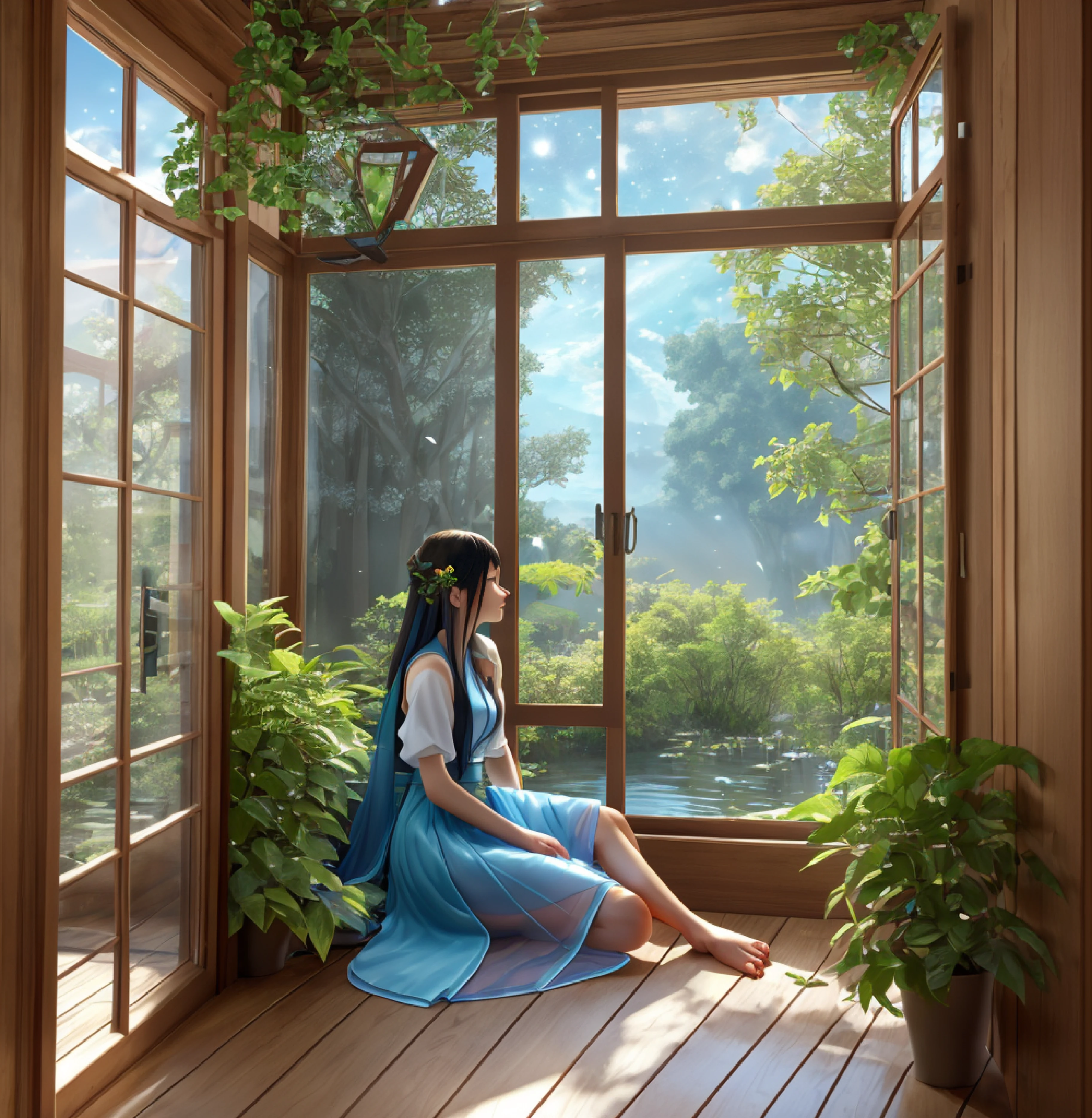 (Best Quality:1.2), 8K,absurderes,Unity 8K Wall Papper,(Extremely detailed:1.3), (1girl in:1.2),Sitting, oud_Chinese_Indoors,(window:1.3),Indoors,(courtyard:1.3),Sunlight,Painting (Objects), tree,plant,See-through,(Tree outside the window々:1.2),(semi transparent:1.2),,Hanfu,wood floor, Water,lake,lotuses, myst,Trees, (Barefoot:1.2), Casting spells while suspended in mid-air, (a celestial compass guiding her path), Mystical and wondrous, BREAK Utilizing a wide-angle lens to capture the expansive sky, Adding a touch of lens flare, a hyperrealistic schoolgirl,