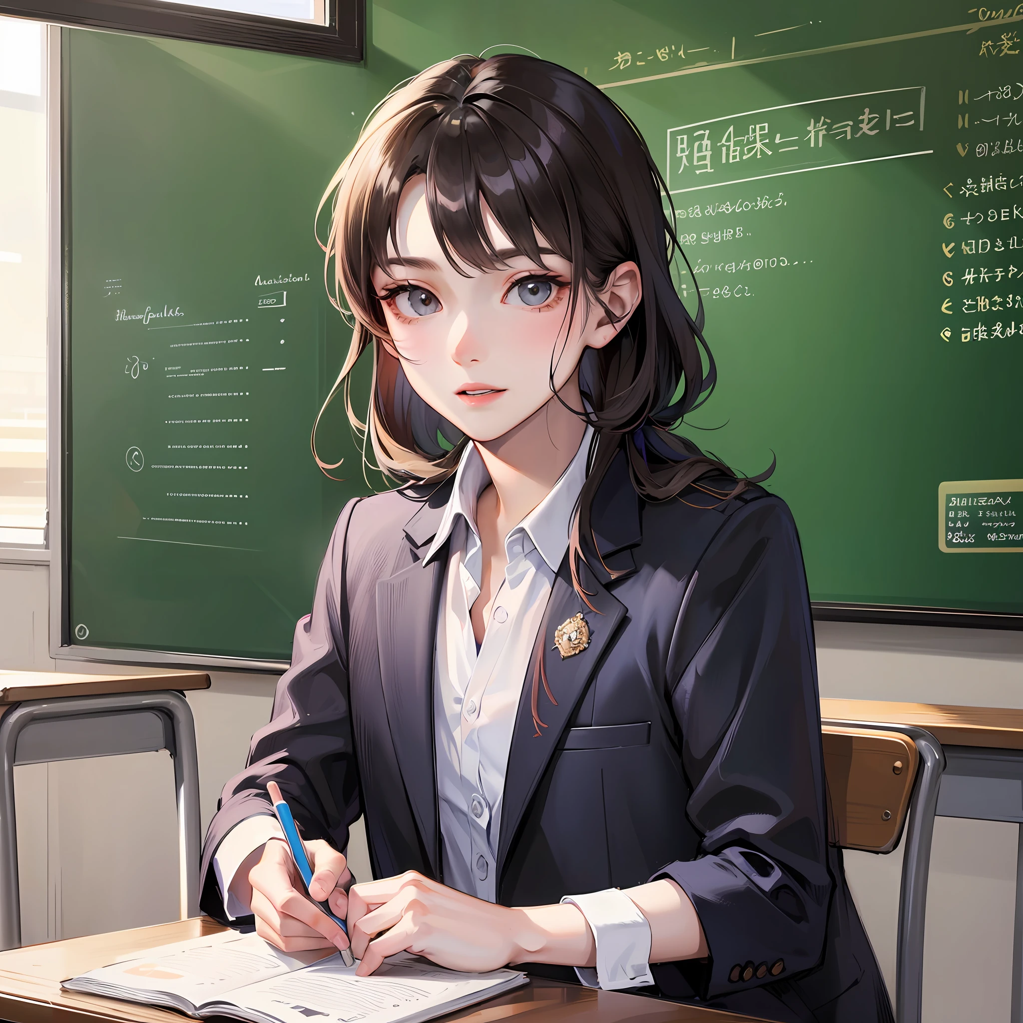 Young male teacher, Dress neatly, Professional clothing, Well organized impression, youthfulenergy, Smooth skin, Bright eyes, Gentle and confident expression, Straight waist, Tall and confident, An air of tenacity and determination, Determined gaze, ssmile, Passion and dedication，Chalk in your hand，blackboards，A group of students sit under the classroom podium，tmasterpiece，Best quality at best，4K，8K，high qulity，A high resolution