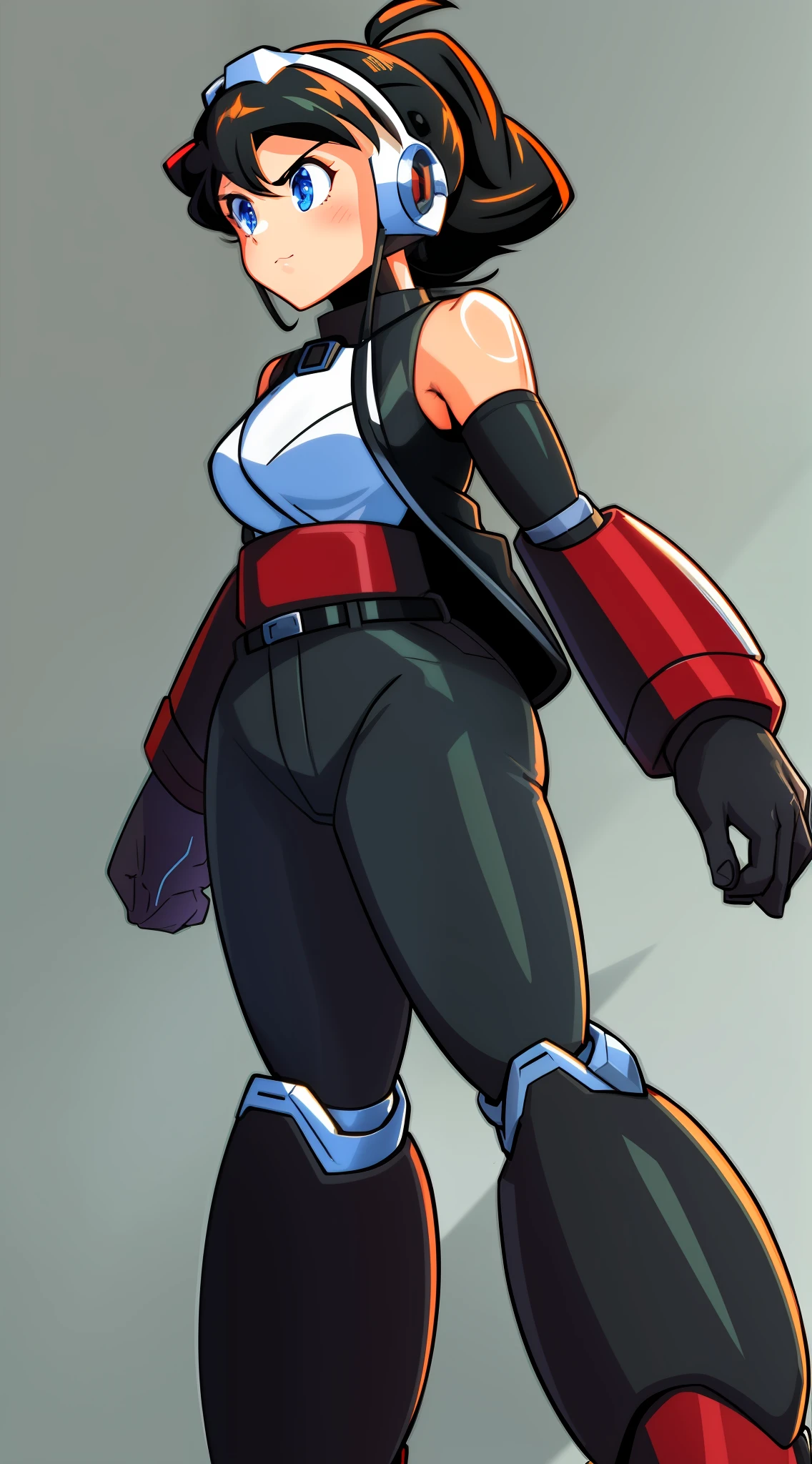 1Girl, Heavily red and white armored, gloves, skirt, heavy black cybernetic boots, heavy cybernetic Red with white trim arms with Black Bracelets, heavy cybernetic red torso with sleeveless black jacket, waist belt, megamanX red and white heavy armor, long black pony tail, red and blackaviator goggles on forehead, heavy thick black hair, metallic red skirt, large sleeveless Black jacket, red armor with white trim