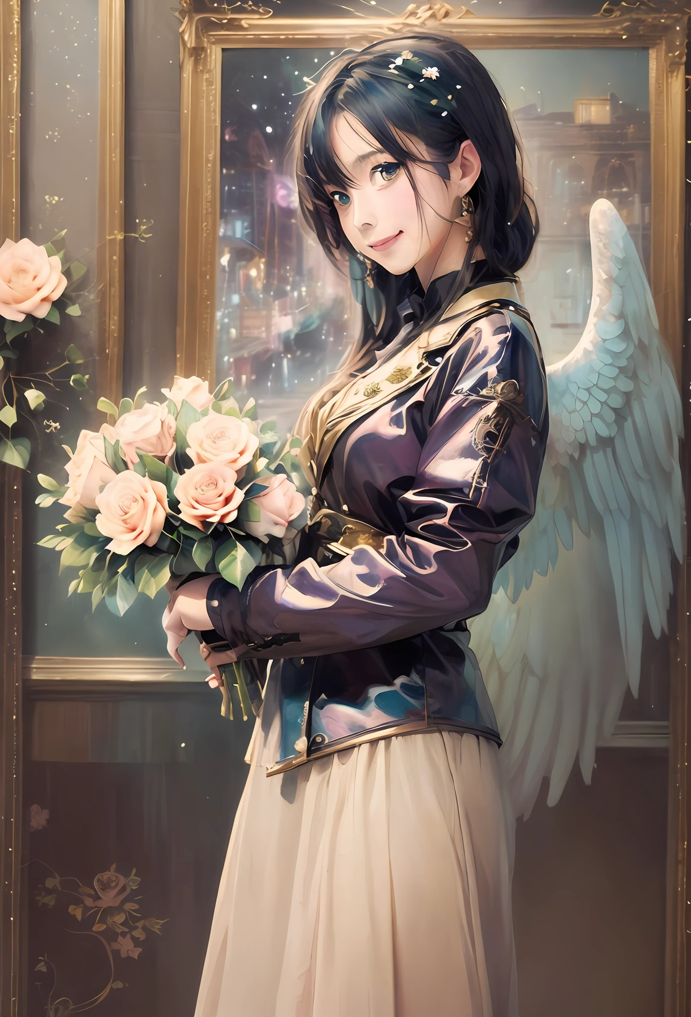 Please carefully redraw the eyes、(Angel wings、😇、a smile、😌🥰Archaic Smile).hyper realstic、Ultra-realistic、Depiction of the human body without distortion、Monna Lisa、Woman in the Arms、Near and far law、Three-dimensional、Contemporary painting、moderno、world masterpiece、collection、Homage to the art or artist work of Picasso and Renoir, Not sentimental、Excellent portrayal、Gentle expression、More detailed character faces, Serious competition、Compositions like paintings、(Konmutsuki_Gacha_Series 1, punk_rosette), Realistic、Delicate brushwork、aqua color flowers, (Full body, elegant flowers background)