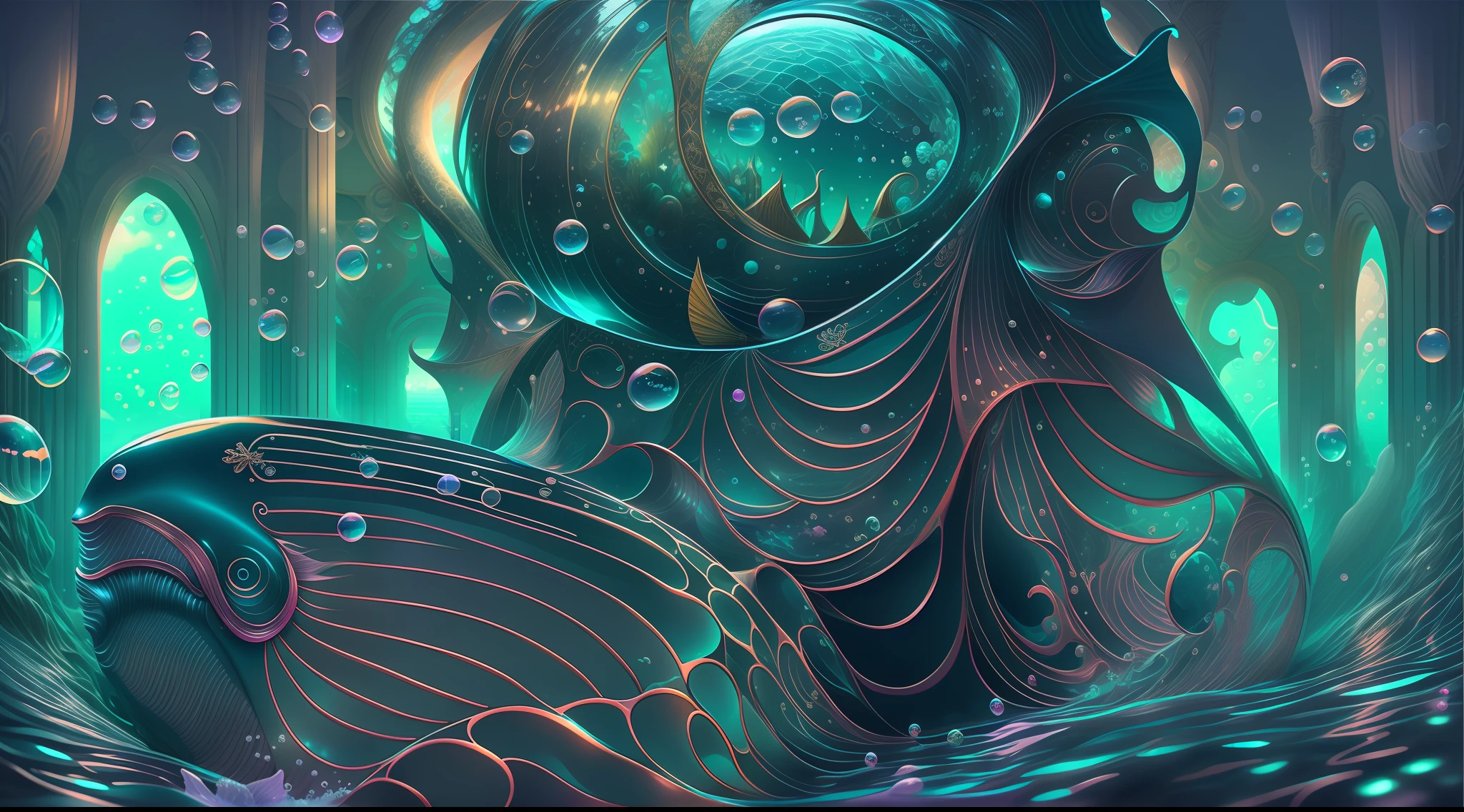 Undersea Cities with dark neon growing ripples and bubbles background, fictional character is Swimming Mermaid, trident and Indigo metallic breastplate outfit, dark fantasy aesthetic, 8K, best quality, high quality, exquisite is beautiful, epic high quality, darkest light, whale outside the window,