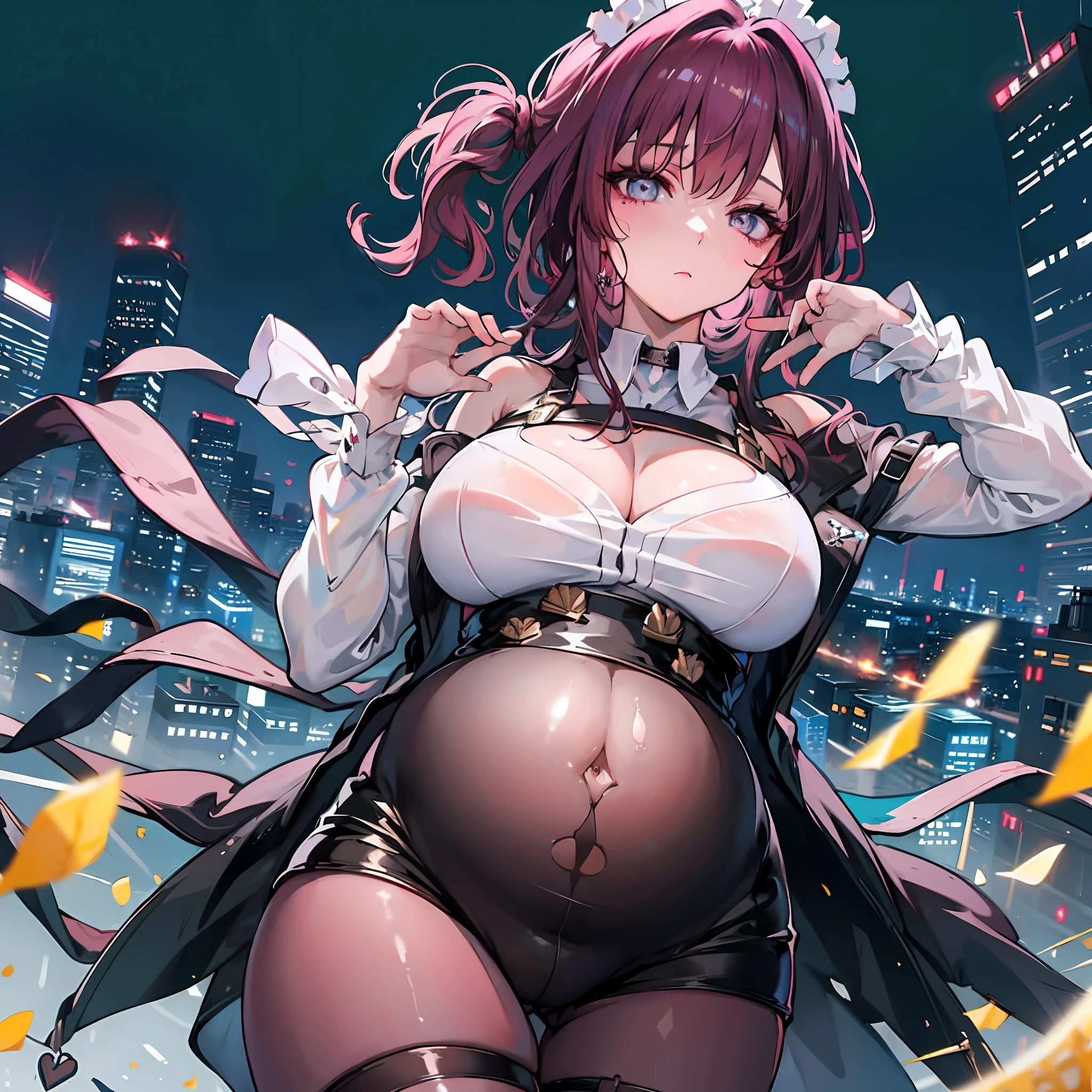 tmasterpiece, Best quality, (Detailed eyes and skin), ((Realistic)), , 1girll, Redhead_Hair, red colour_clothes, black_clothes, Blue_Eyes, Blue_sky, bblurry, bblurry_Background, bblurry_foreground, (modern_City:1.5), mediating_Breasts, Exercise_bblurry,photore_\(curly\),long whitr hair,Skysky,独奏,Full body body,Pregnant belly,Beth,Showing the belly,youthfulenergy,18-year-old girl,adolable,Two-dimensional painting style,Pregnant women with,Best quality, 8K, High quality,, hair adornments, cone hair bun, Long hair, double bun hair, bangs, bow, maid headdress, upper legs, Stockings, white thighhighs, cleavage cutout, Face focus, Close up, (Heart-shaped pupils:0.9), (Blush:0.65), (1girll, Solo:1.4), Cityscape, Blue sky, Bright sky, Sunny, holding flower, Large breasts, Detailed background, Detailed clouds,Pregnant belly,Two-dimensional painting style,(Masterpiece), Best quality, Fine details, Highest picture quality, Masterpiece,exquisite CG,1girll,Closed mouth,Brown eyes,Long hair,bangs,Bare shoulders, cleavage,(Big breasts:1.4),Bare arms,navel,Lace,a garter belt,Thighs,,White pantyhose,water,hyper pregnant,Girl,SushangV4,Yae,SideBraid,