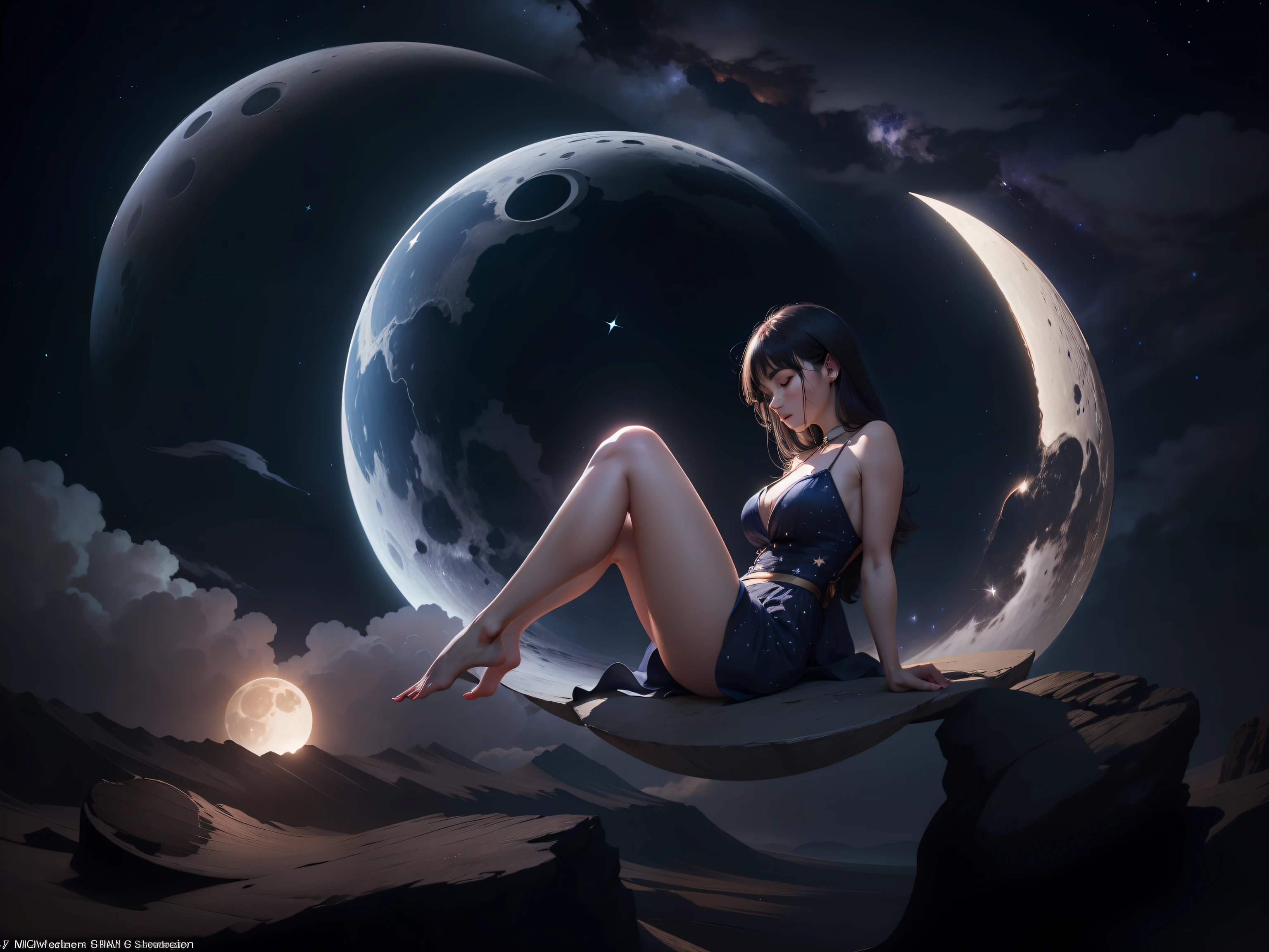 woman straddling a quarter moon, stars in a beautiful night sky, the image is to be generated with a high-resolution 16k, using a virtual 85mm lens, with a focus on sharpness and depth-of-field --auto