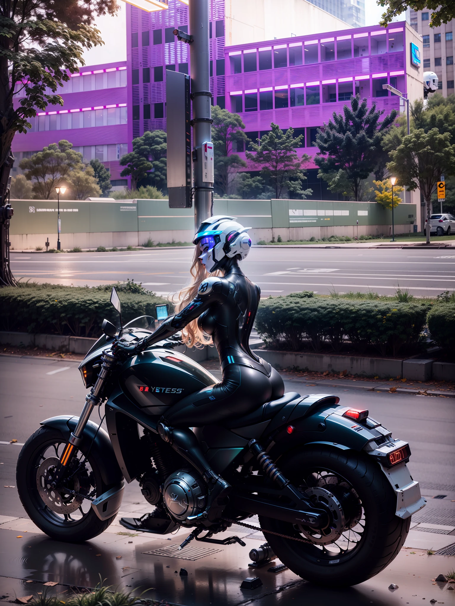 Sexy Cyber Warrior，Long flowing blonde hair，White cyberpunk high-tech mech costume，White cyberpunk faceless helmet，Biomechanicals， MSHN Robot Woman，High-tech helmet，hyper realisitc， Steel， Complex design， insanely details， finely detailled， Extremely clear lines， cinmatic lighting， photograph realistic， A detailed masterpiece
