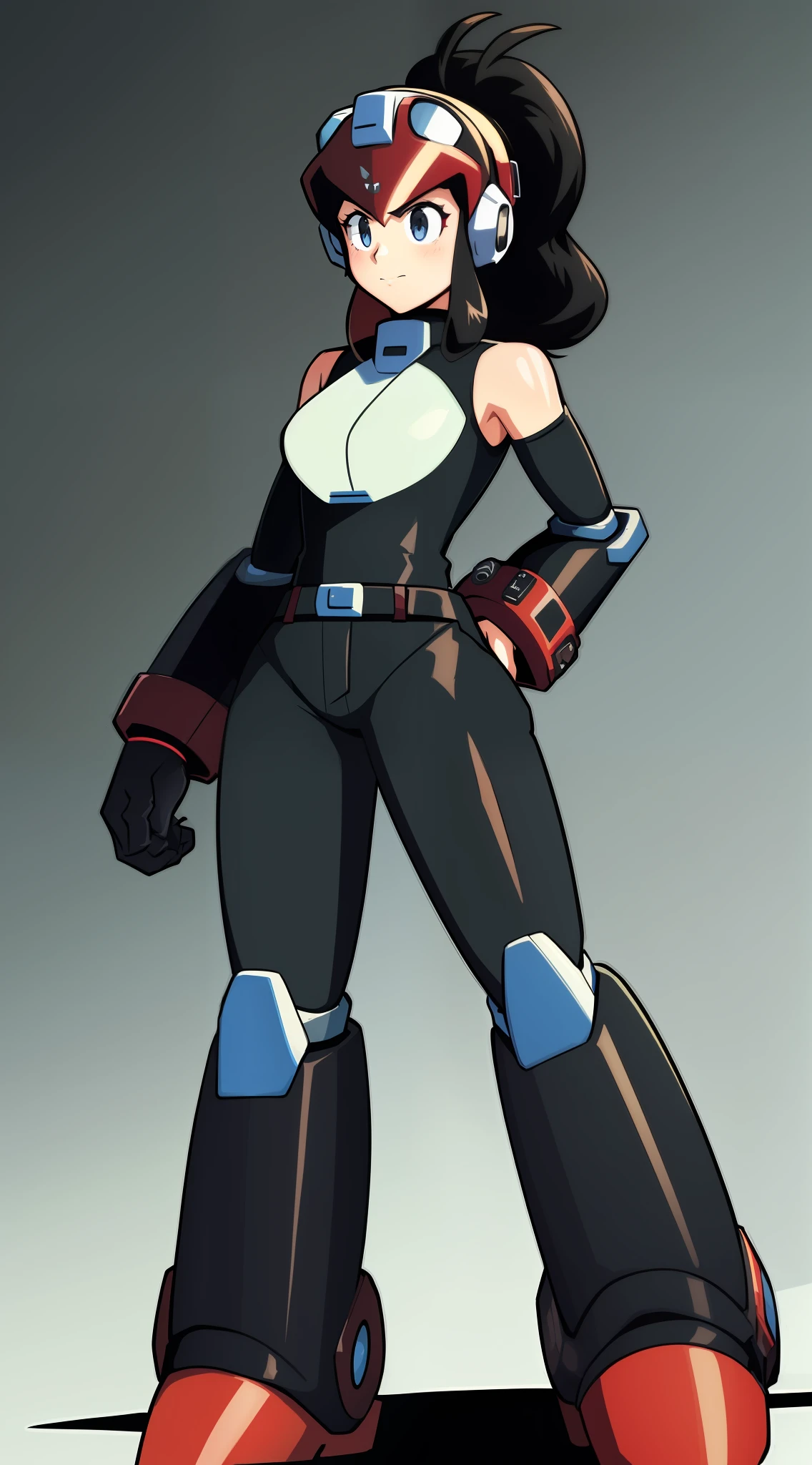 1Girl, Heavily red and white armored, gloves, skirt, heavy black cybernetic boots, heavy cybernetic Red with white trim arms with Black Bracelets, heavy cybernetic red torso with sleeveless black jacket, waist belt, megamanX red and white heavy armor, long black pony tail, red and blackaviator goggles on forehead, heavy thick black hair, metallic red skirt, large sleeveless Black jacket, red armor with white trim