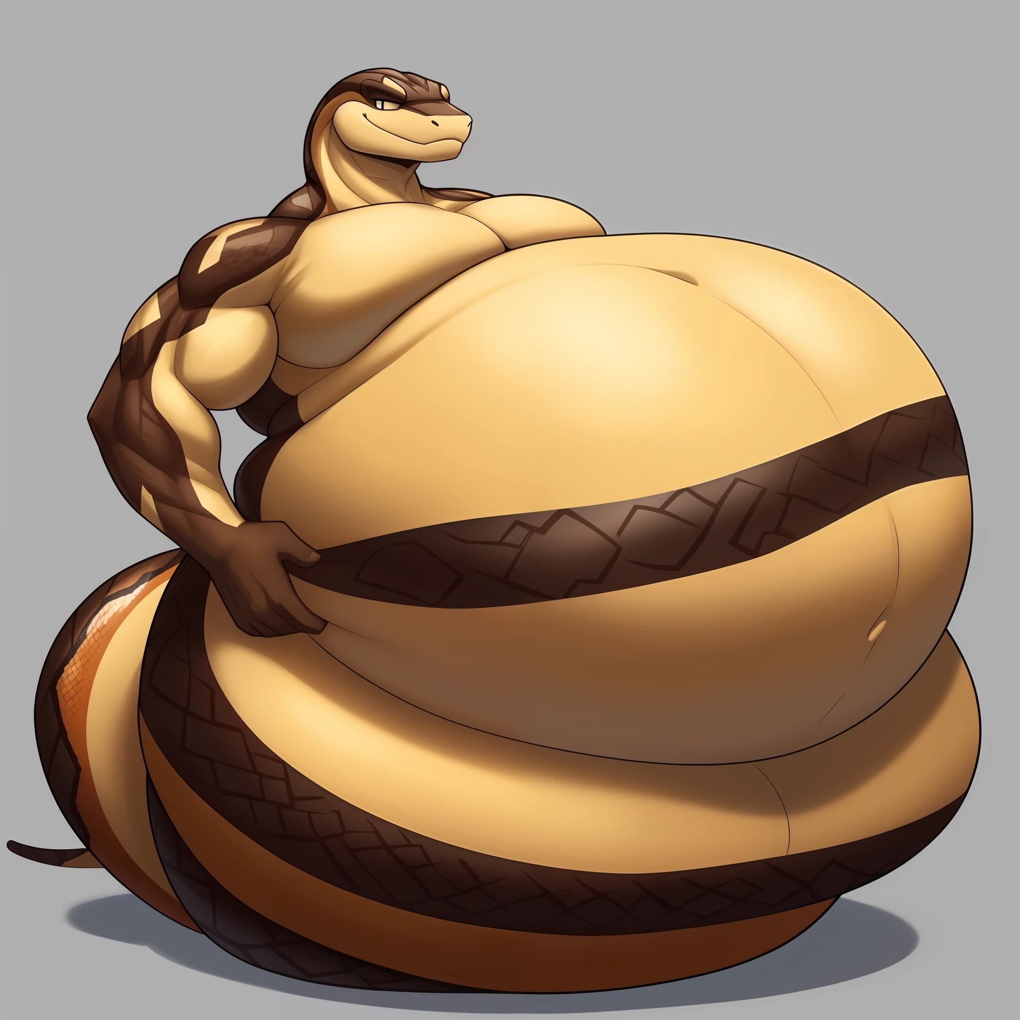 Handsome snake man,Snake people have big bellies,fatness,bulking,Rounded,The belly is huge, fat and swollen,Swelling of the abdomen,The belly is stuffed,The snake man's expression was pleasant