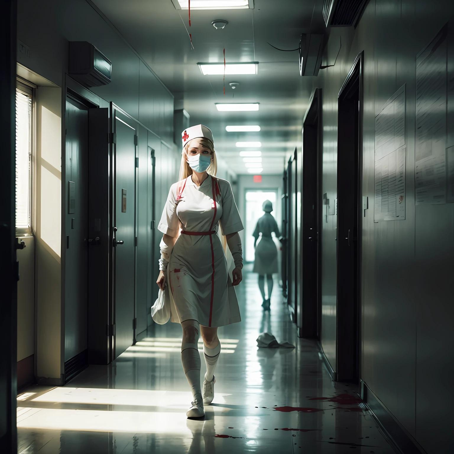 Gloomy hospital corridor,Covered in dirty bandages,Nurse wearing a bloodstained nurse's uniform --auto