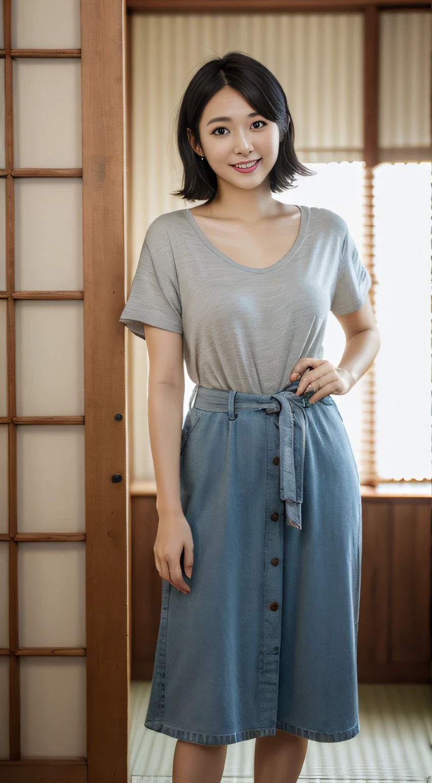 portrait, 8K, high quality, realistic photo image, 27 years old, Japan woman, neat and clean wife, (mizuki Yamashita), japanese IDOL, small, housewife, reproduce natural and realistic eyes, Japan person stand, small, beautiful black hair, short hair, light makeup, octane rendering, beautiful lighting, golden ratio composition, smile, everyday wear, casual clothes, natural background, blurred background, 4k, high quality, realistic photo image, Japan woman, 25 years old, pure Japan face, lovely wife, upper body, small breasts, light makeup, suppin, neat beauty, sober clothes, gray, beige, blue, sober, casual attire, smile, black hair, small black eyes, background blur, full body