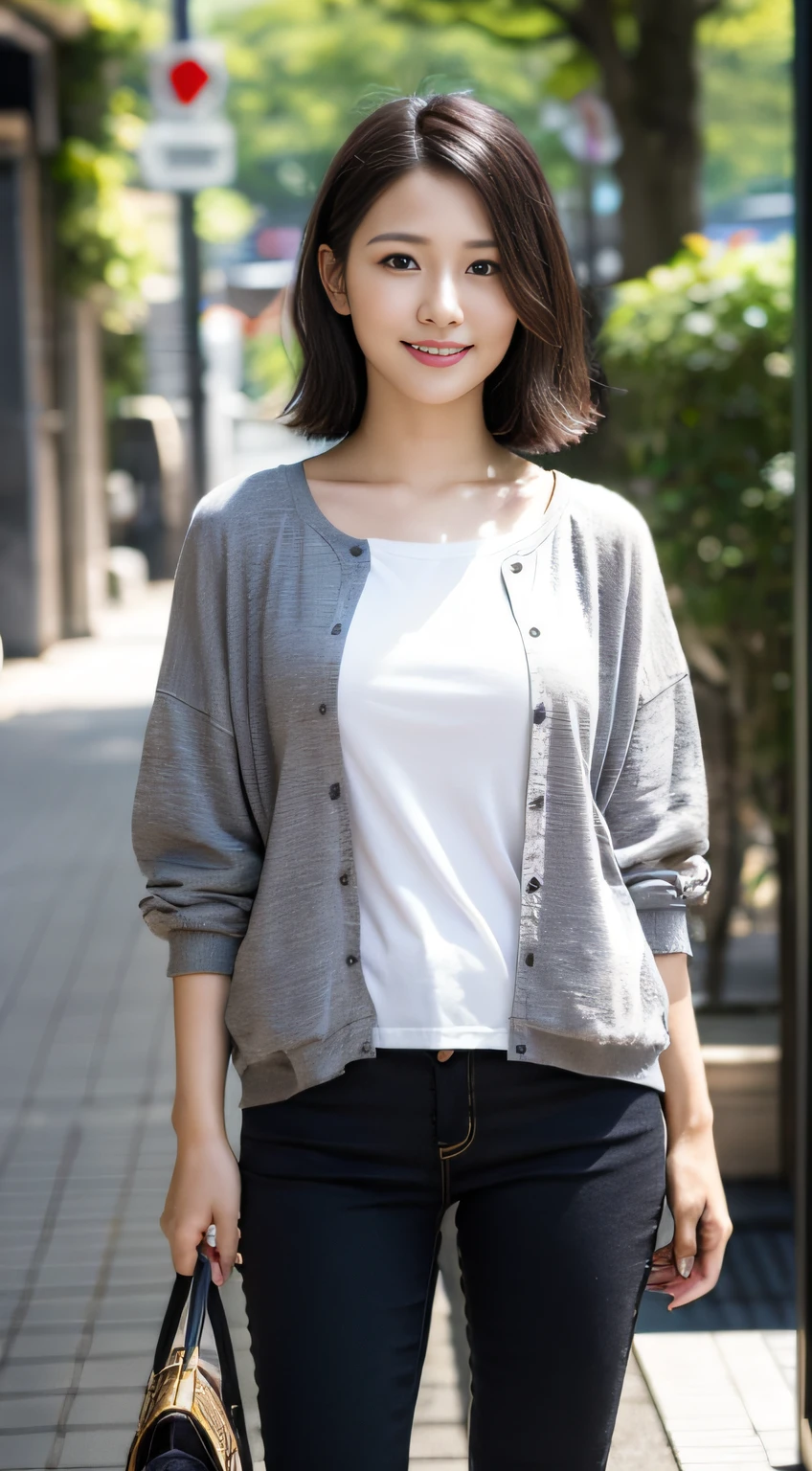 portrait, 8K, high quality, realistic photo image, 27 years old, Japan woman, neat and clean wife, (mizuki Yamashita), japanese IDOL, small, housewife, reproduce natural and realistic eyes, Japan person stand, small, beautiful black hair, short hair, light makeup, octane rendering, beautiful lighting, golden ratio composition, smile, everyday wear, casual clothes, natural background, blurred background, 4k, high quality, realistic photo image, Japan woman, 25 years old, pure Japan face, lovely wife, upper body, small breasts, light makeup, suppin, neat beauty, sober clothes, gray, beige, blue, sober, casual attire, smile, black hair, small black eyes, background blur, full body