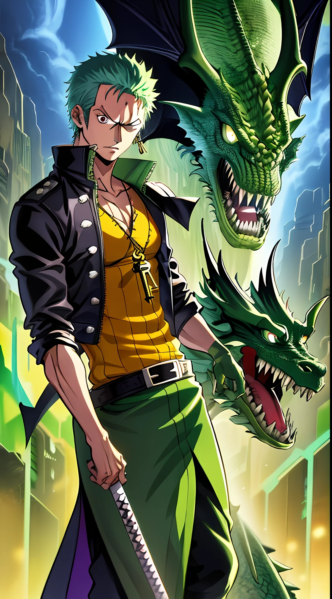 a man with green hair and a green dragon on his shoulder, roronoa zoro, handsome guy in demon slayer art, from one piece, official anime artwork, one piece artstyle, key anime art, anime cover, detailed key anime art, detailed anime character art, official art, badass anime 8 k, best anime character design, trending anime art