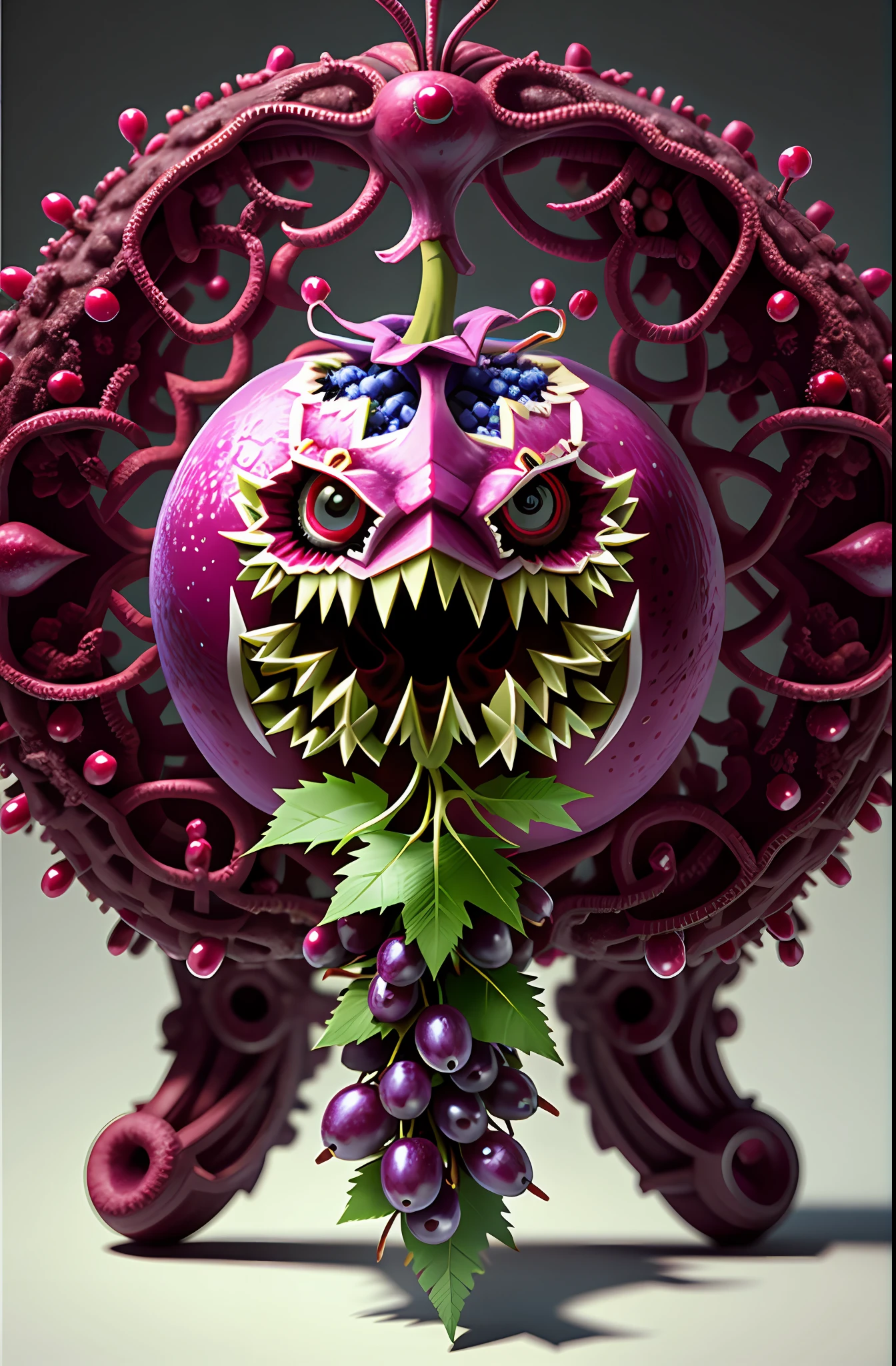 symmetrical fruitynightmare grape, octane render, unreal engine, highly detailed, intricate