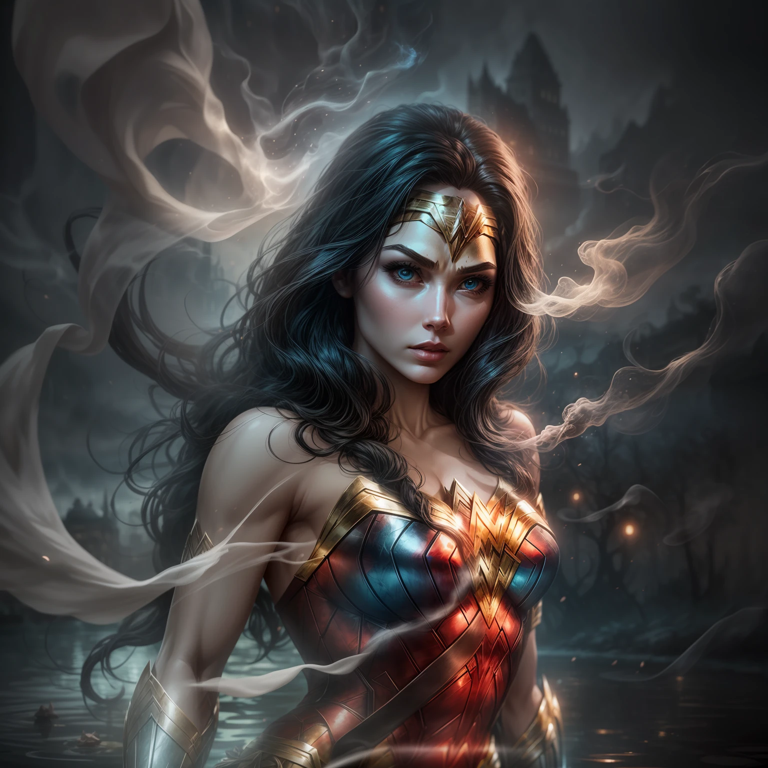 close up, Wonder Woman из DC Comics, Ghost, Dark, gotik, 3d, Ultra Detailed, blue transparent smoke around, realistic style, Old Night Pond, full - body,