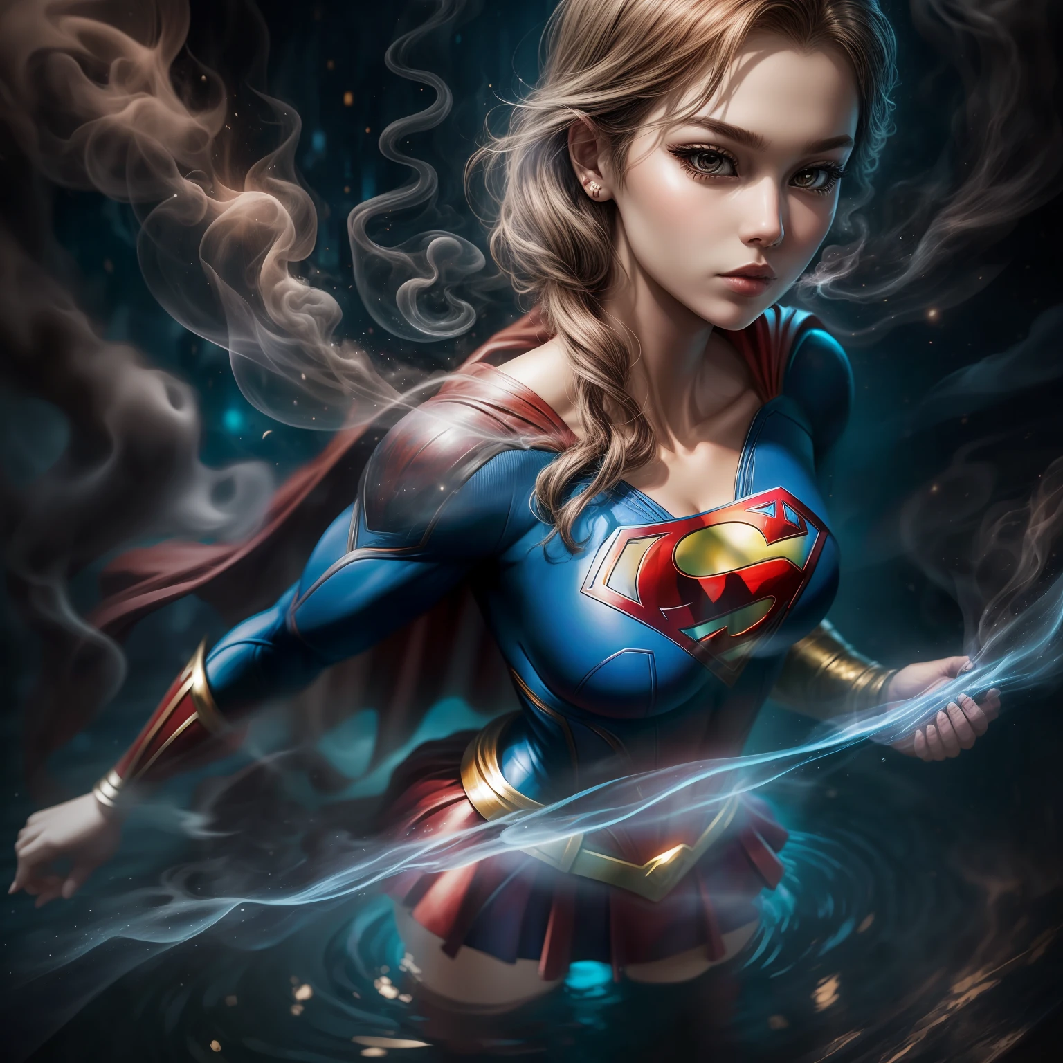 close up, Supergirl из DC Comics, Ghost, Dark, gotik, 3d, Ultra Detailed, blue transparent smoke around, realistic style, Old Night Pond, full - body,