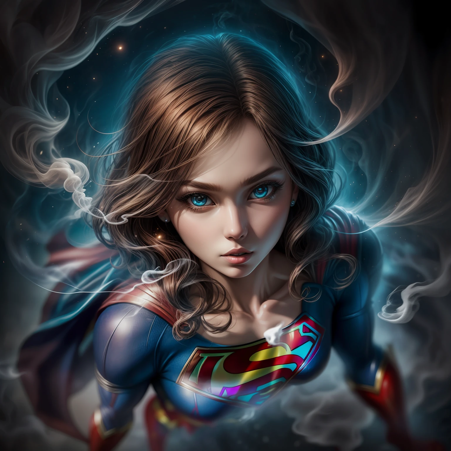 close up, Supergirl из DC Comics, Ghost, Dark, gotik, 3d, Ultra Detailed, blue transparent smoke around, realistic style, Old Night Pond, full - body,