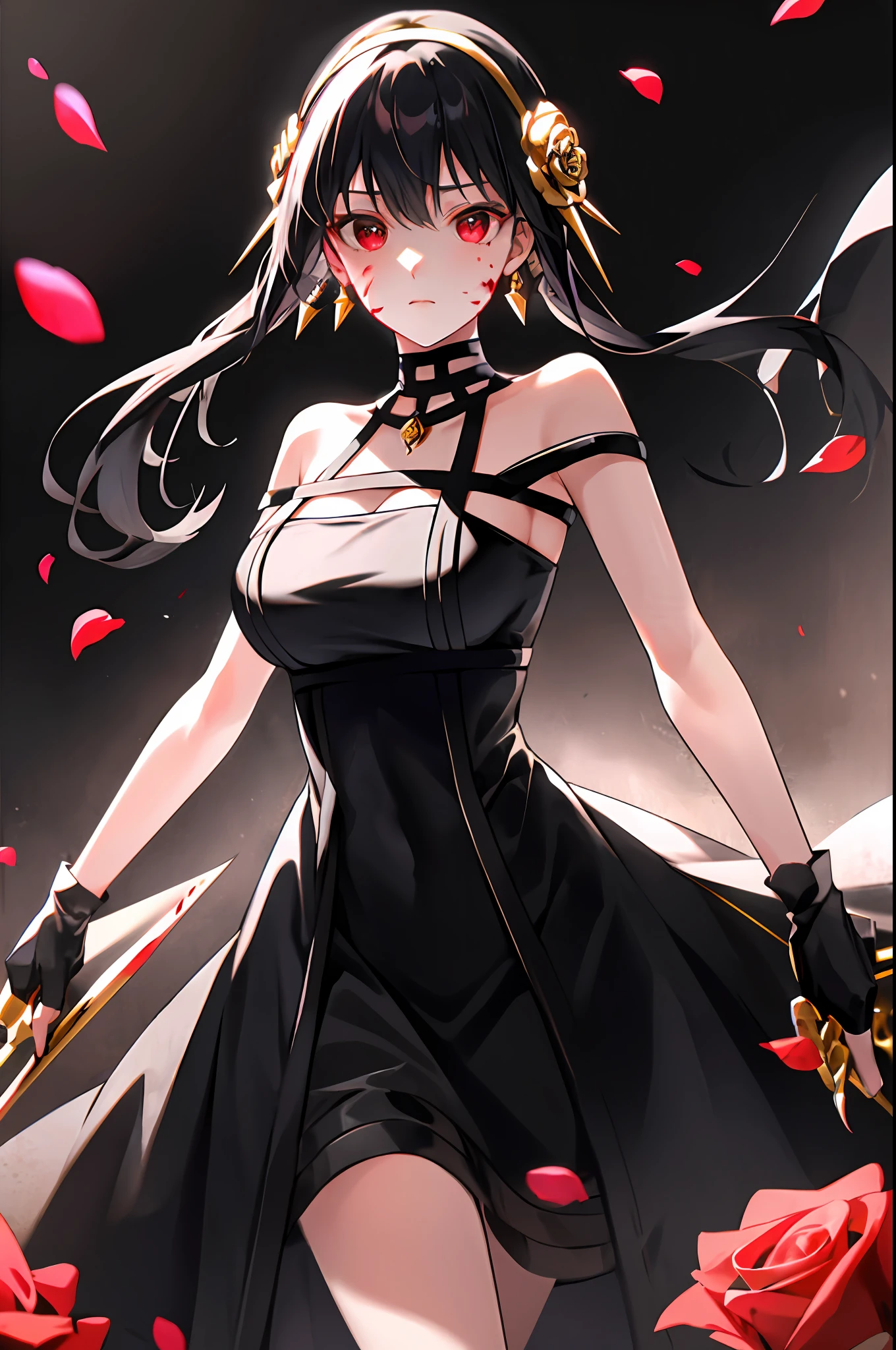 yor briar,
1girl, backlighting, bare shoulders, black background, black dress, black gloves, black hair, blood, blood on face, blood on weapon, breasts, closed mouth, cowboy shot, dress, earrings, expressionless, fingerless gloves, floating hair, floral print, flower, gloves, gold earrings, gold hairband, hair flower, hair ornament, hairband, holding, holding weapon, jewelry, large breasts, light particles, long hair, looking at viewer, off-shoulder dress, off shoulder, petals, red eyes, rose, rose petals, rose print, short hair with long locks, sidelocks, solo, spikes, thighs, two-sided dress, two-sided fabric, weapon
, ((masterpiece))