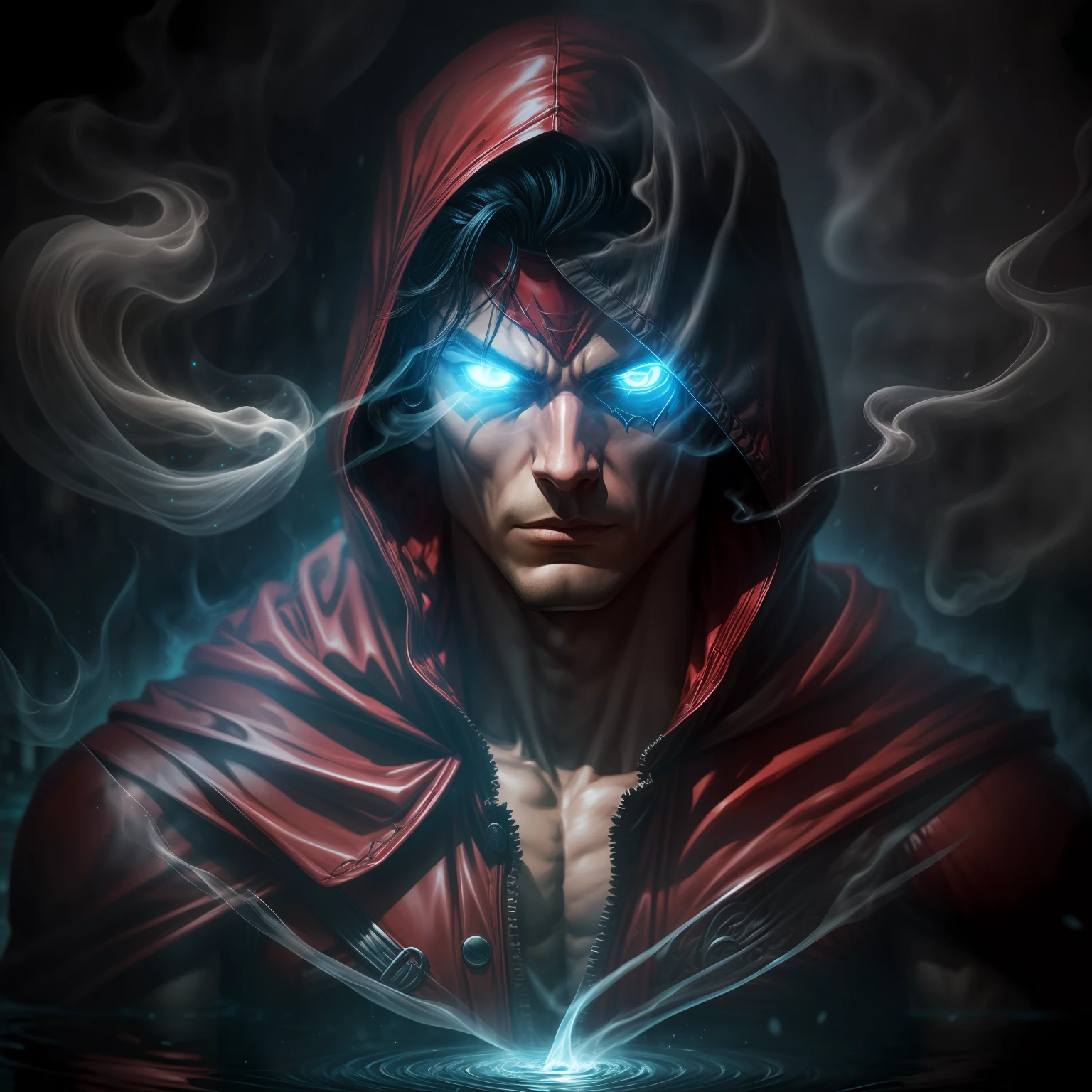 close up, Red Hood из DC Comics, Ghost, Dark, gotik, 3d, Ultra Detailed, blue transparent smoke around, realistic style, Old Night Pond, full - body,