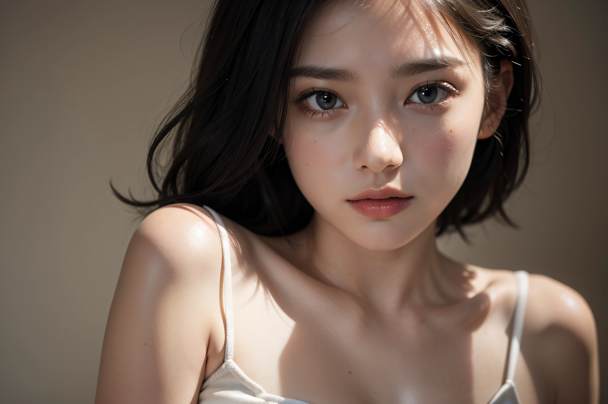 (Photorealistic),(High resolution close up), girl portrait, Ultra detailed skin, centered subject with simply dark background, deepshadow, award - winning photo,、flat breast、tiny chest、small tits、(Small bust:1.2)、Small bust、 (Very small、Flat、small tit)、Soft belly、white panties、White see-through camisole、Straight bob hair、short-hair、The face is always in the picture