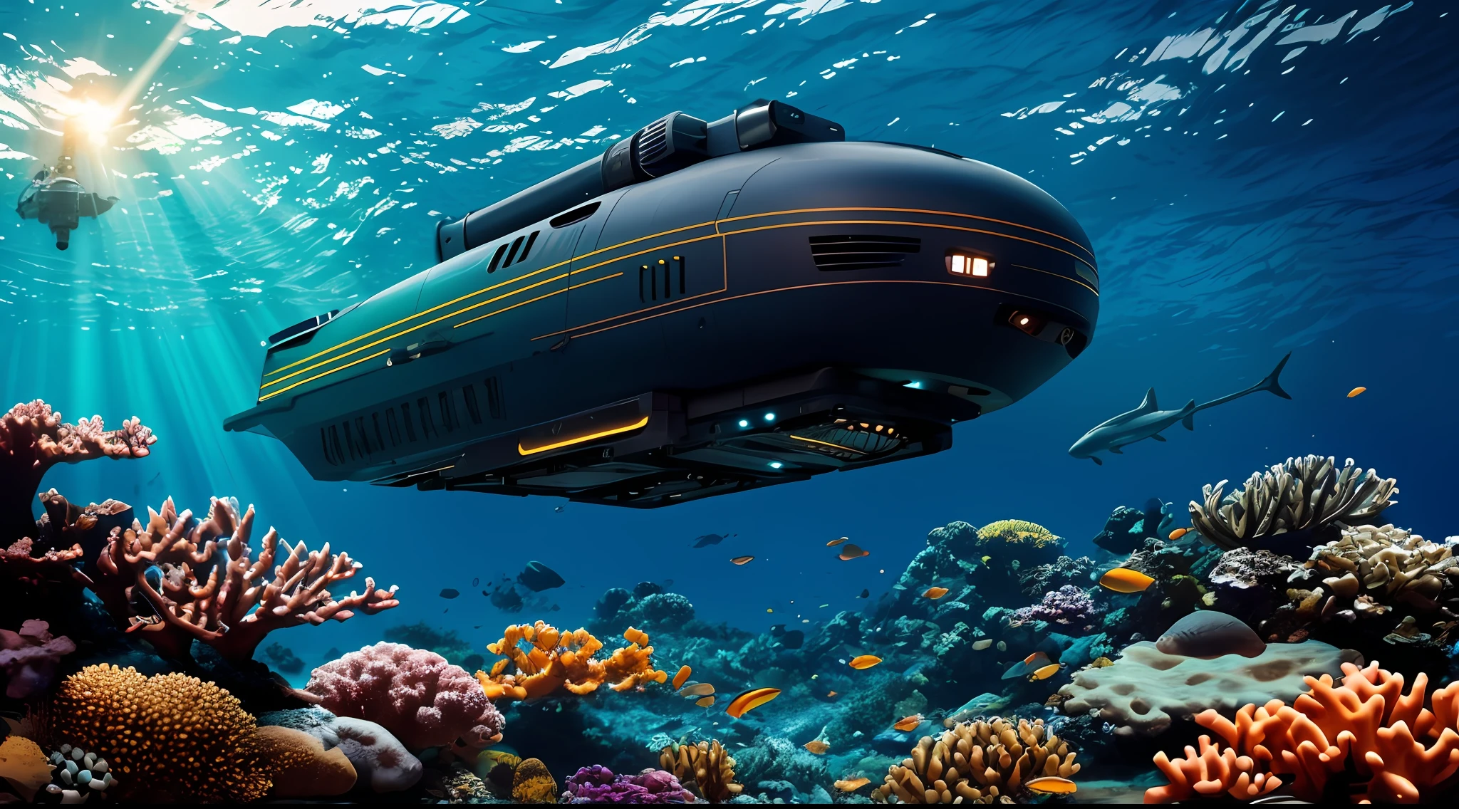 Enhanced dynamic perspective，ocean floor、Marine life、Beautiful coral reef、（Huge underwater vehicle：1.3），Sci-fi，Bright colors，dream magical，optic，Realiy，Hyper-realistic，Works of masters，high qulity，4K分辨率，super-fine，Detailed pubic hair，Accurate，Cinematic lighting，
