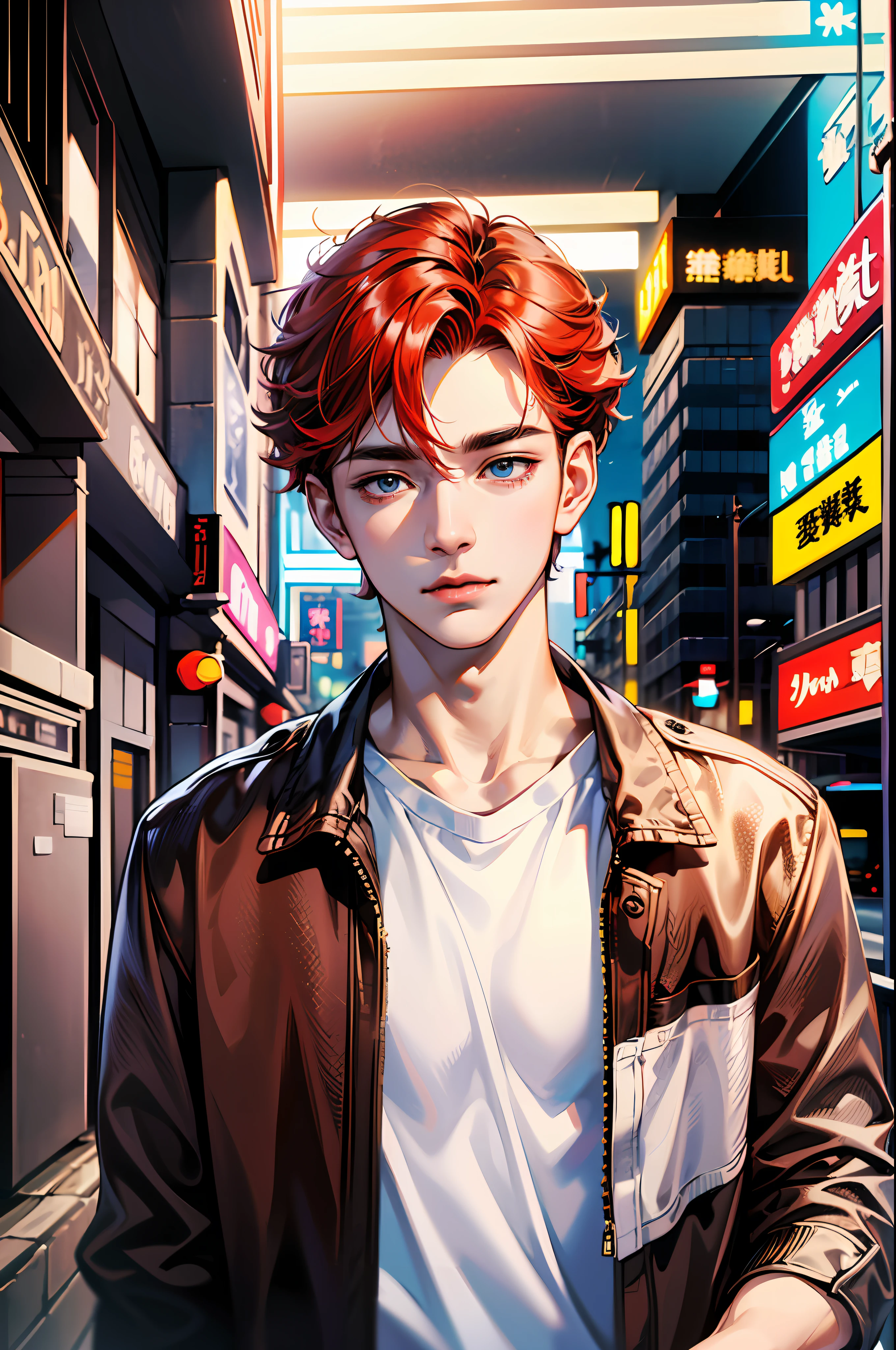 (absurderes、hight resolution、ultra-detailliert、nffsw)、masterpiece、top-quality、1boy、a handsome、red hairs、finely eye and detailed face、(white t-shirts)、(Black jacket)、brow、Street、nightcity、Light smile