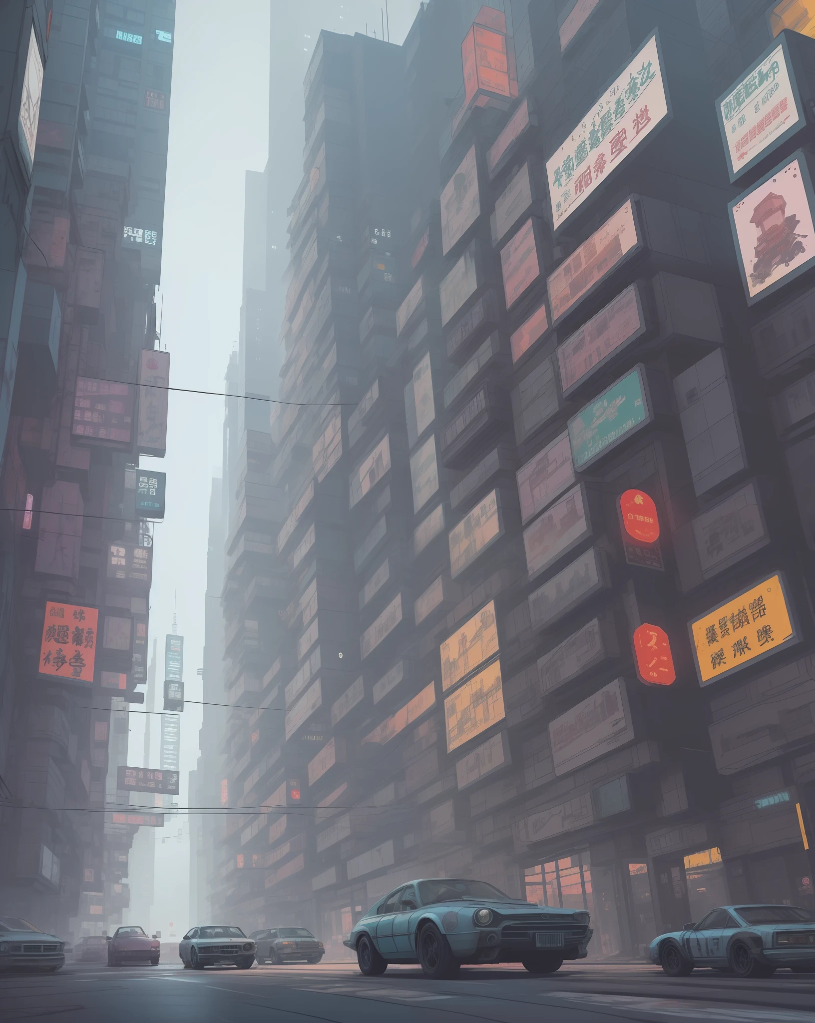 There was a car driving through the city streets in the fog, hyper realistic cyberpunk city, busy cyberpunk metropolis, kowloon cyberpunk cityscape, dystopian cyberpunk city, dirty cyberpunk city, at cyberpunk city, Cyberpunk city, kowloon cyberpunk, Sci-Fi Cyberpunk City Street, cyberpunk city street, futuristic city street, in a futuristic cyberpunk city, Intricate cyberpunk City, cyberpunk city abandoned