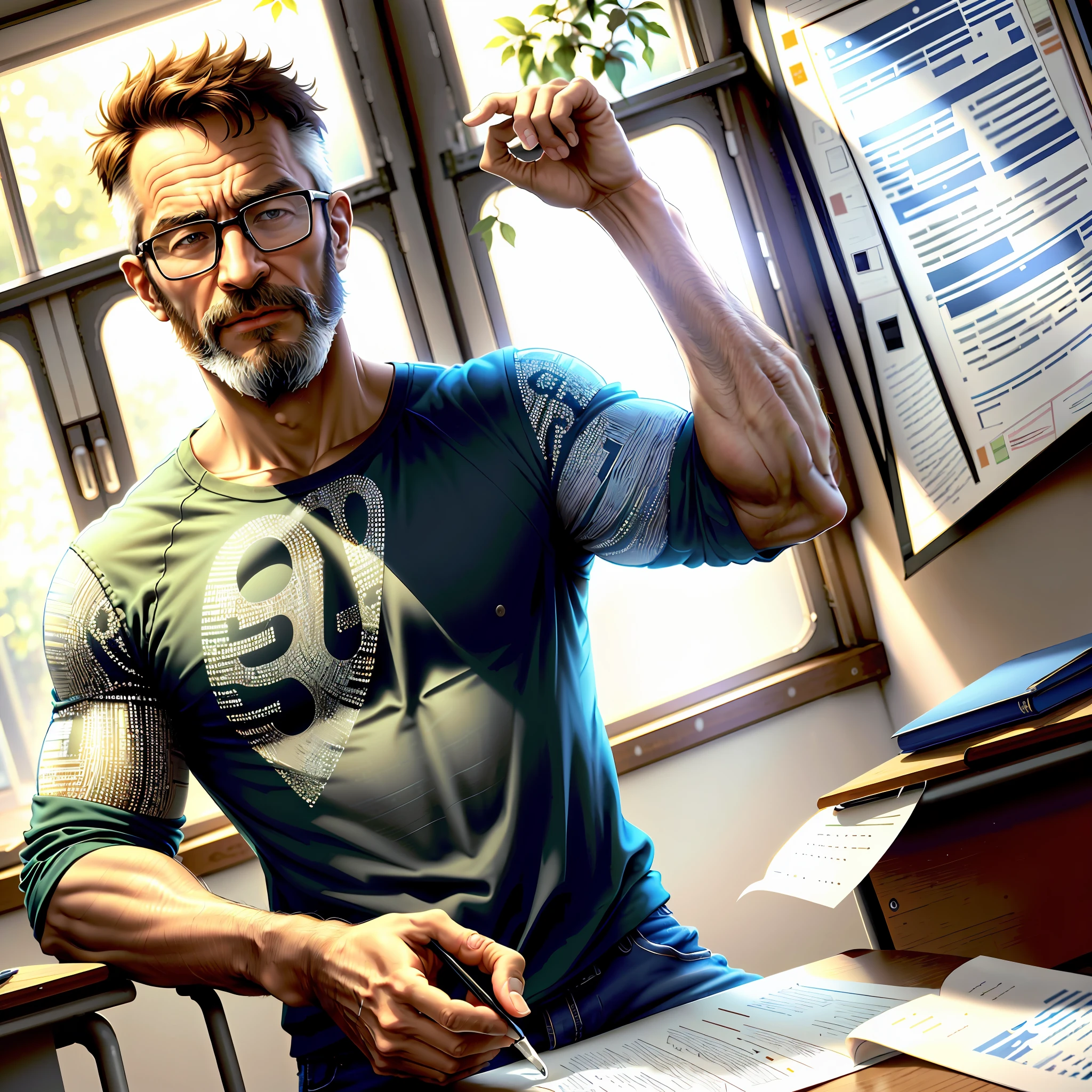 a man, looking 50 years old, teacher, with beard, and glasses, in a classroom, and in his hands a large transparent and empty glass juge