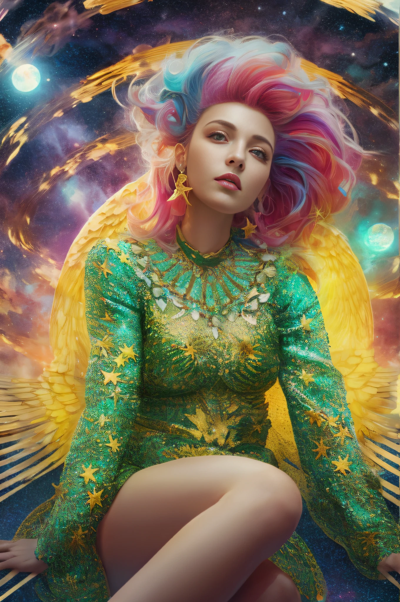 Film still, Fashion Photography, digital art, raytraicing, 3D surrealistic. Breathtaking Beautiful young female Angel dressed with a Angelpunk outfit, relaxed sitting on a fluffy cloud, floating in the middle of a vortex of floating Spiral Galaxy and golden stars and small fluffy clouds. Brilliant colors, Lumitronic effect, Zentangle Effect, Vaporwave effect, by Julie Dillon and David Alabo, colourful hair, realistic skin texture, photo realistic, Low saturation, masterpiece, global illumination,