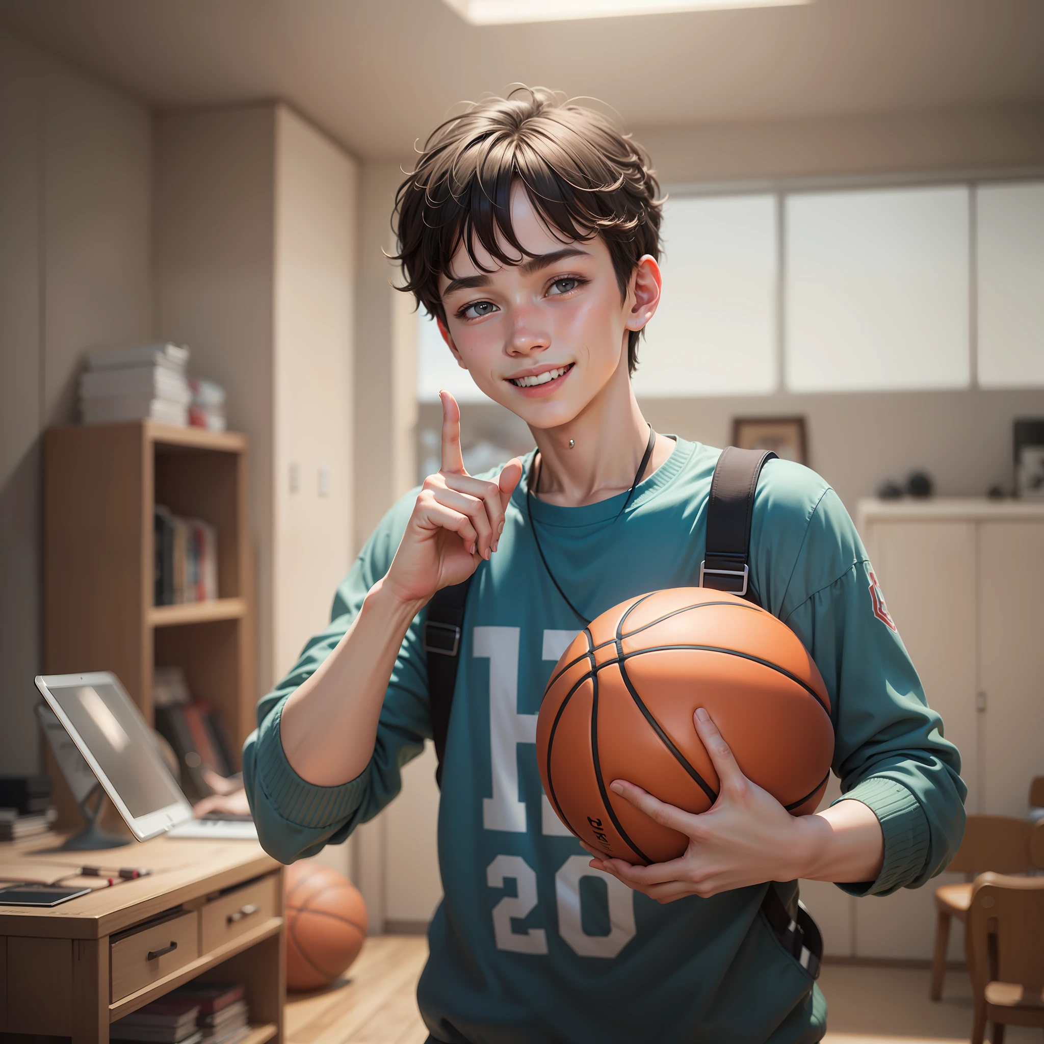 Real reality,A masterpiece of the best quality,Boy holding a basketball in his hand,Smile upper body,Show your fingers,inside in room