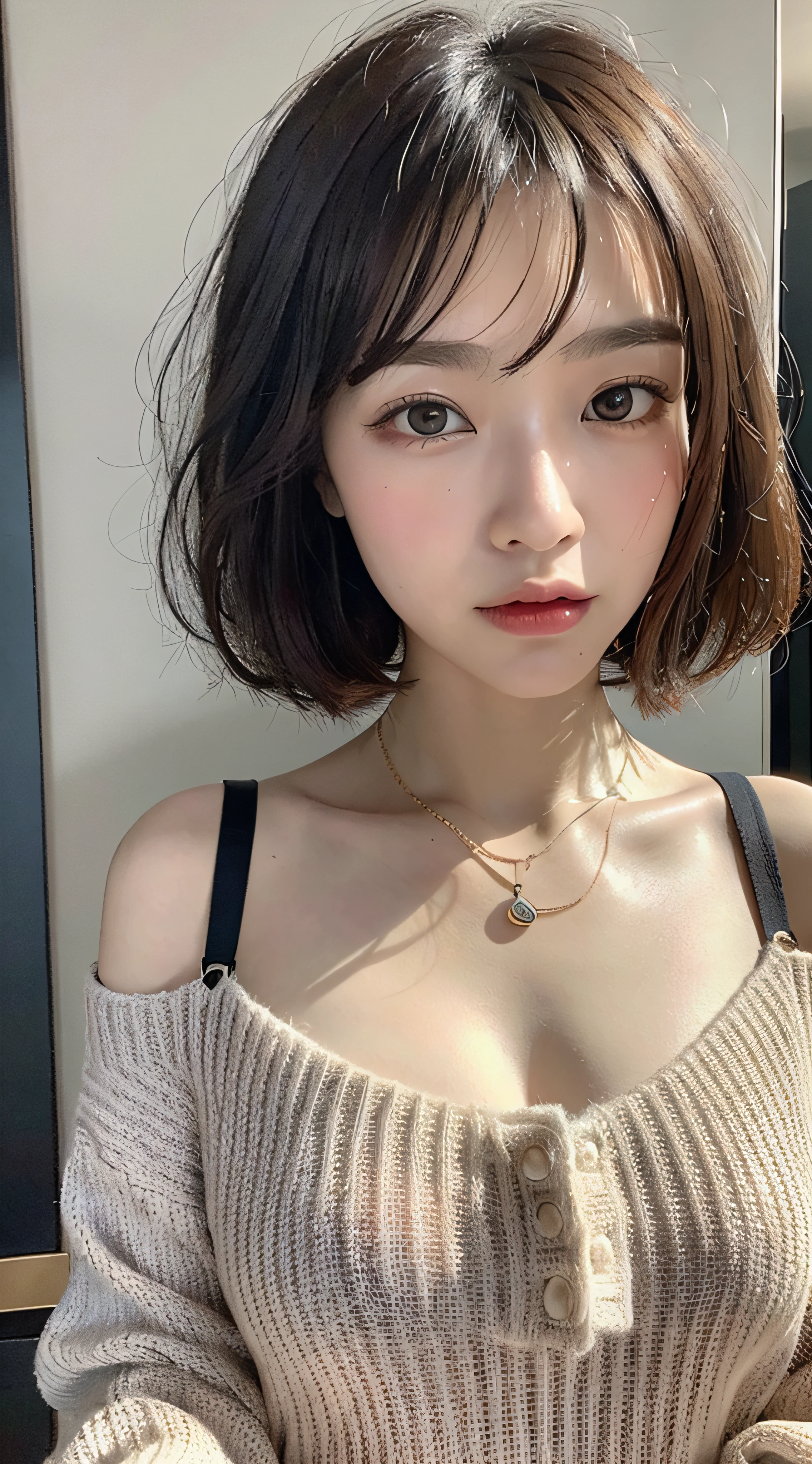 (top-quality、8k、32k、masterpiece、UHD:1.2)、Photo of a cute Japanese woman、large full breasts、very short bobbed hair、The upper part of the body、sface focus、oversized_sweater、a necklace、simple background、From above、looking at the viewers、indistinct areola、indistinct papillae