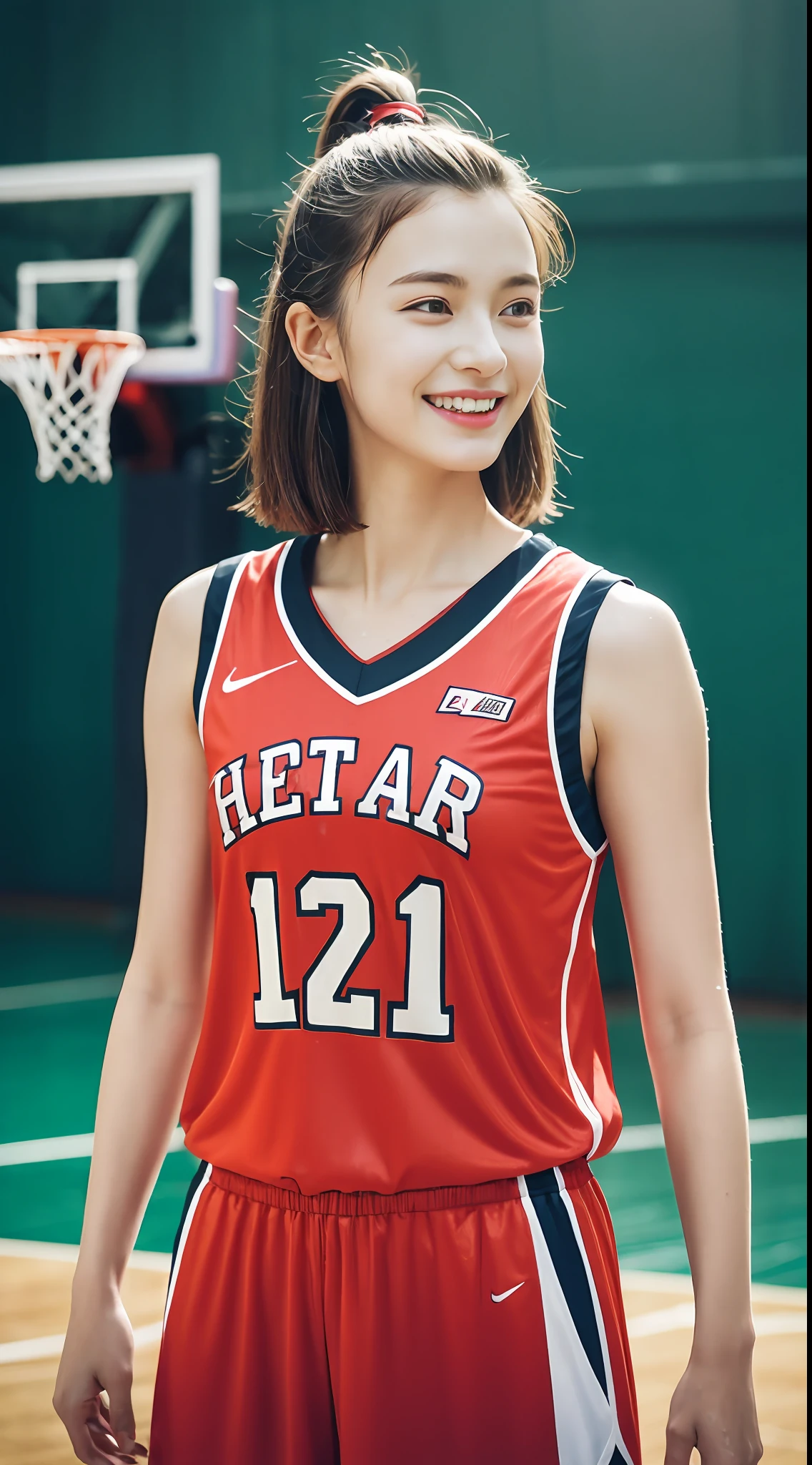 (4K、top-quality)、(realisitic、Photorealsitic)、
1girl in、独奏、(Full body:1.2)、Basketball Uniforms、Indoor basketball court、(Bob Hair:1.3)、(wetting hair:1.1)、(Sweat on the face:0.8)、(wetted skin:1.1)、A smile、
perfect hand、finerly detailed face、20yr old、