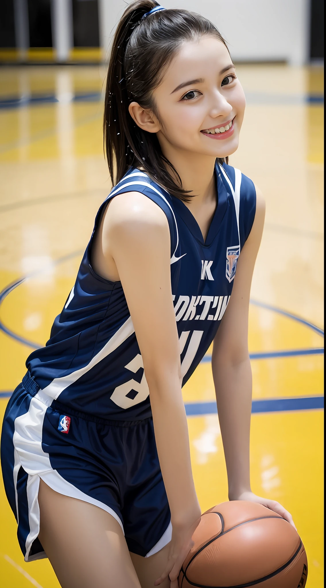 (4K、top-quality)、(realisitic、Photorealsitic)、
1girl in、独奏、(Full body:1.2)、Basketball Uniforms、Indoor basketball court、(Bob Hair:1.3)、(wetting hair:1.1)、(Sweat on the face:0.8)、(wetted skin:1.1)、A smile、
perfect hand、finerly detailed face、20yr old、