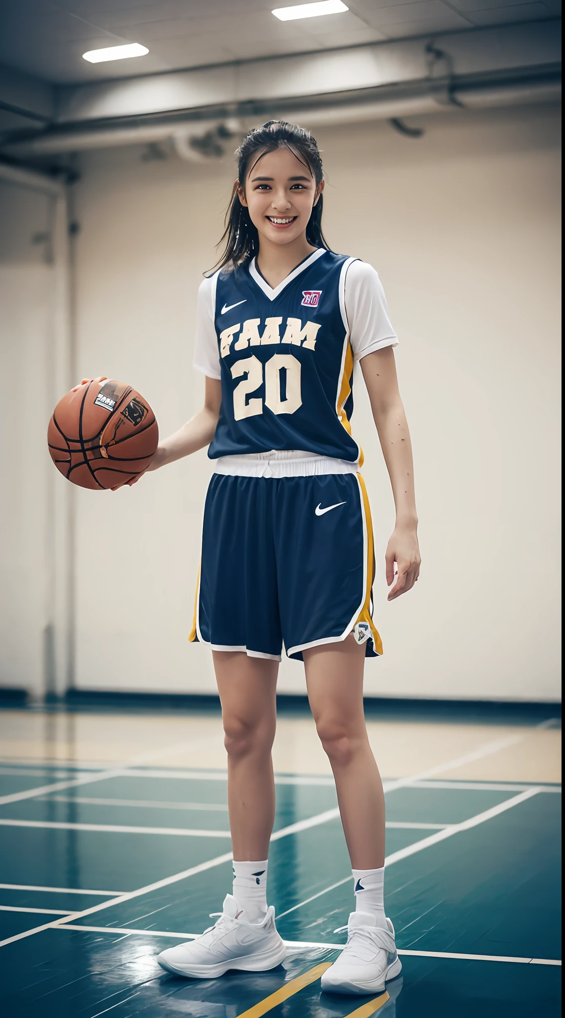 (4K、top-quality)、(realisitic、Photorealsitic)、
1girl in、独奏、(Full body:1.2)、Basketball Uniforms、Indoor basketball court、(Bob Hair:1.3)、(wetting hair:1.1)、(Sweat on the face:0.8)、(wetted skin:1.1)、A smile、
perfect hand、finerly detailed face、20yr old、