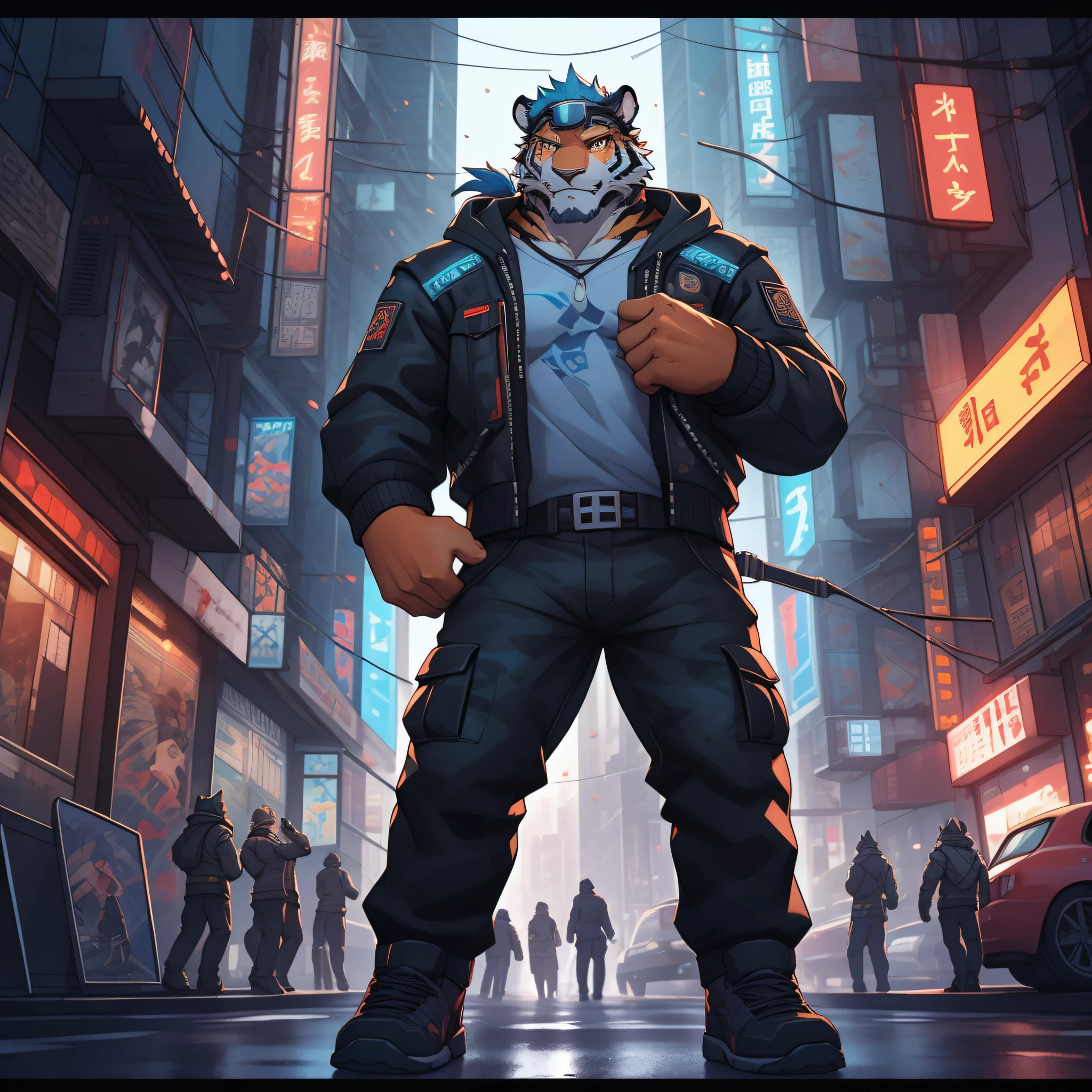 Haiyi-Robot Wensheng Figure 01:05:36 protective goggles，Orange skin, Gold eyes, Gray-blue hair and beard, Tiger furry, high ponytails, Handsome face，Handsome eyes ，Hairy pectorals， Strong arms，Gorgeous facial features，美丽细致的眼睛，Complex fur，Detailed face，Perfect skin texture， Bulging muscles，tmasterpiece，full body shot of，intricate raw photography）Cyberpunk citizens，Comfortable oversized asymmetrical green camouflage pattern technology jacket， black   hoodie， Black cargo pants， Blackn clothes， deep colour， Wearing a futuristic black high-tech helmet，In a silly punk style， aero dynamic， iintricate， A futuristic， advanced technologies， ambiente dark， dramatics， Light， cinematic ligh， Action movies， Sharpness， random relaxed position， Cyberpunk-city， neon streetlights， a darkness street， the night， Insta photo， photo of the year， rendering by octane， substance， Maya 3D， cinema4d， trends in art station， Devian Art Trend，