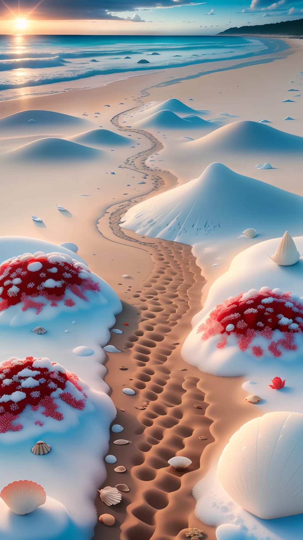 delicate scene,depth of field, 8K, The ivory sky,white clouds,and sunlight shine on the snow-white beach. The coral sea,and many colorful tinny shells on the beach,red roses, roses focus,