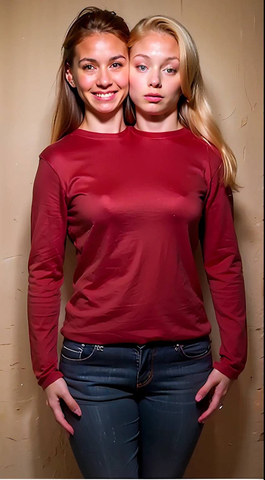 2heads, two headed girl, (one torso:1.5), pale skin, (redhead:1.4), (ager:1.4), white girls, (two heads on one body:1.4), conjoined twins, heads side by side, one torso, young, uncomfortable, barefoot